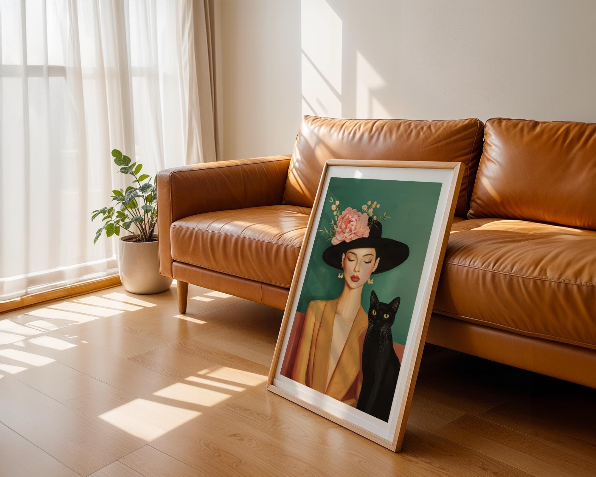 Chic Female Portrait with Cat Art, Artistic Lady and Cat Print, Black Cat with Woman Illustration, Chic Modern Artwork, Stylish Digital Art - view 7