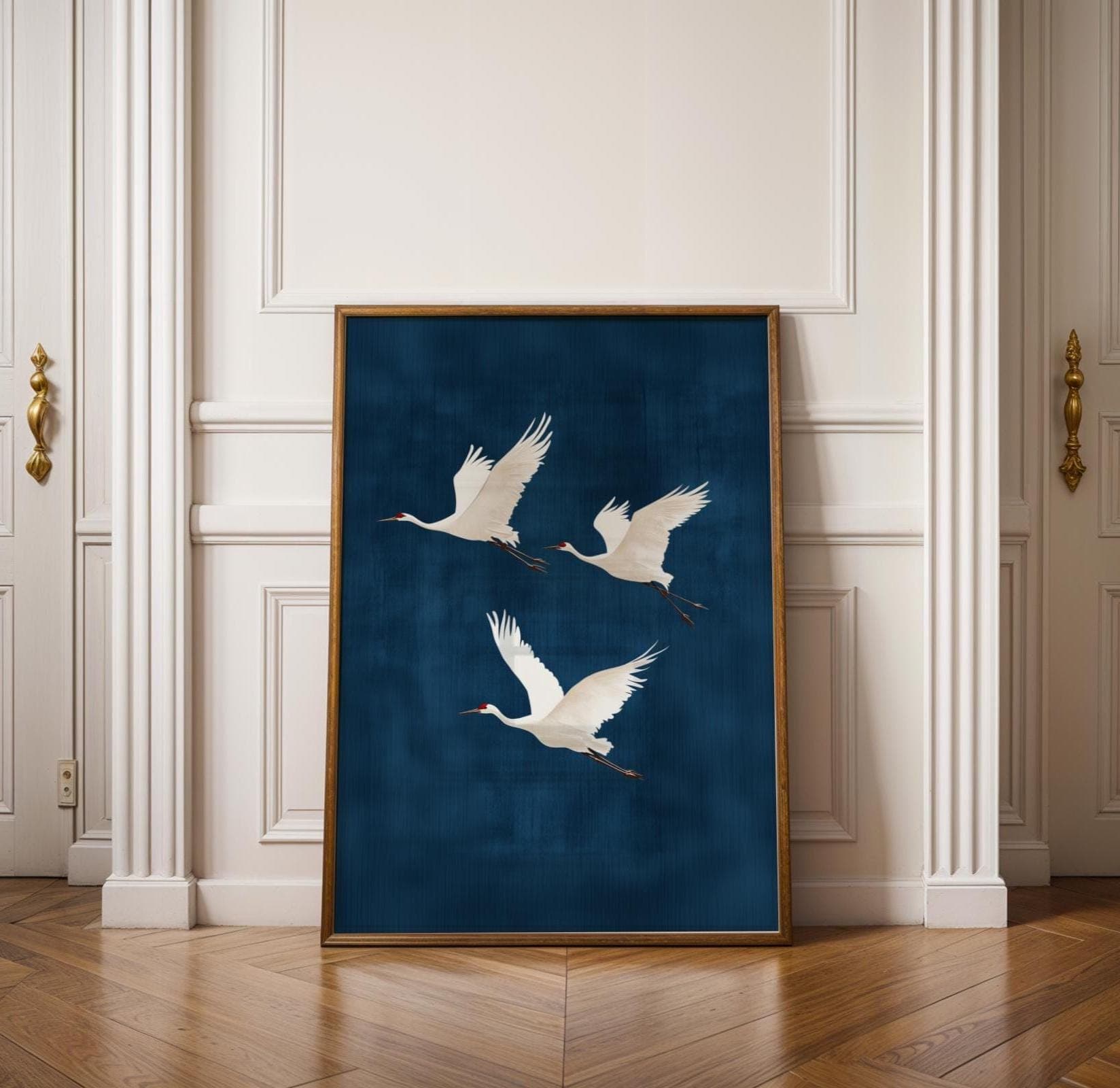 Flying Cranes on Deep Blue Background, Japandi Digital Download, Japandi Decor, Boho Bird Art, Japanese Crane Wall Art, Wabi Sabi Wall Art