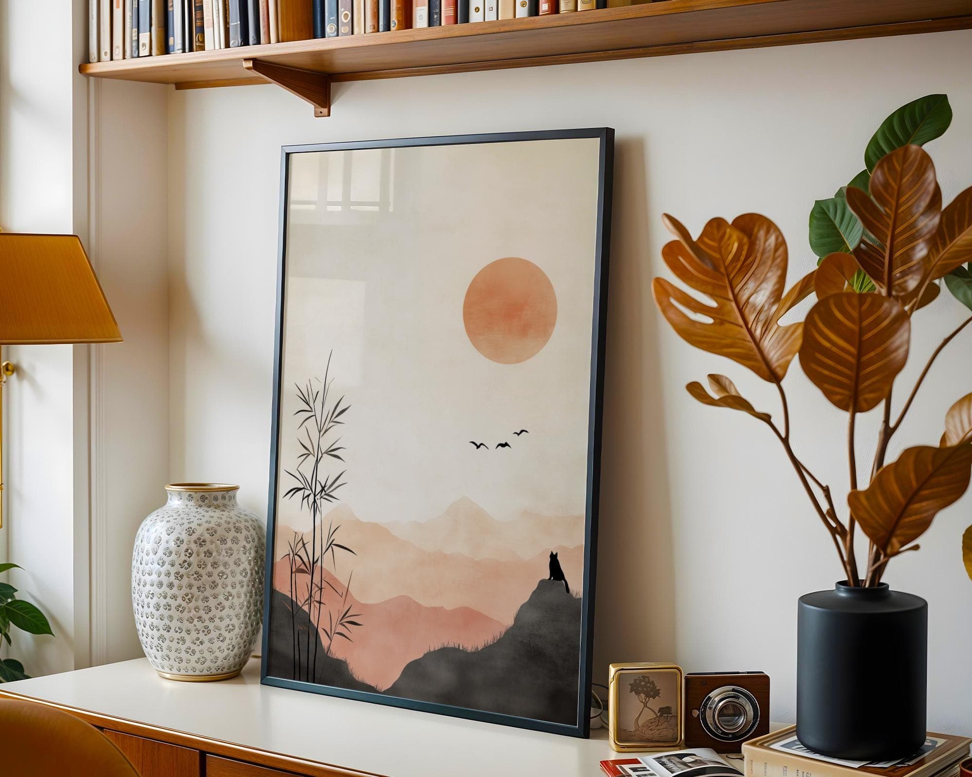Minimalist Japanese Sunset Wall Art, Bamboo and Cat Silhouette Wall Decor, Wabi Sabi Wall Art, Japandi Digital Wall Art, Zen Wall Art - view 2