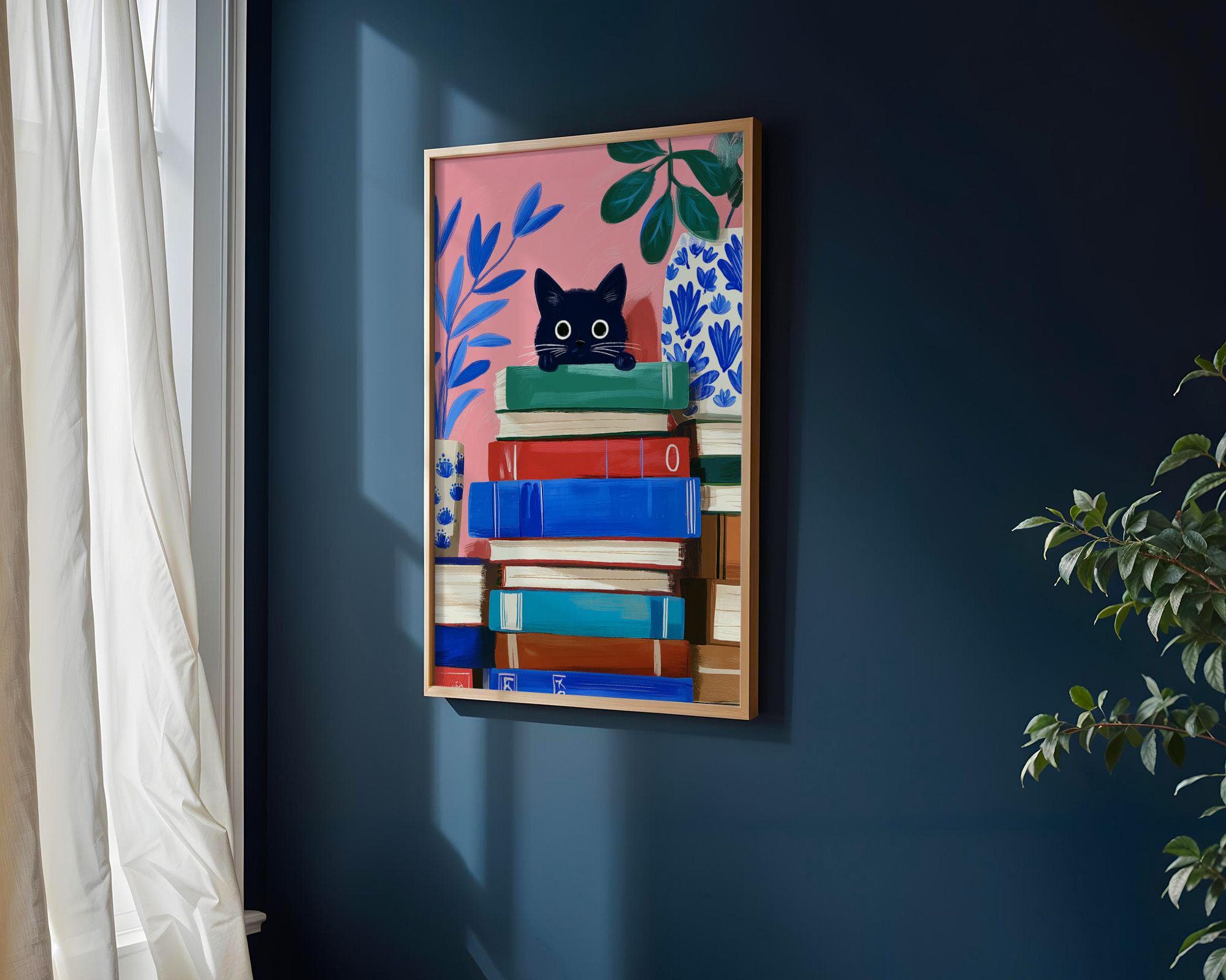 Whimsical Black Cat Wall Art, Book Lover Cat Art, Playful Black Cat Poster, Funny Black Cat Digital Painting, Pink Aesthetic Black Cat Decor - view 4