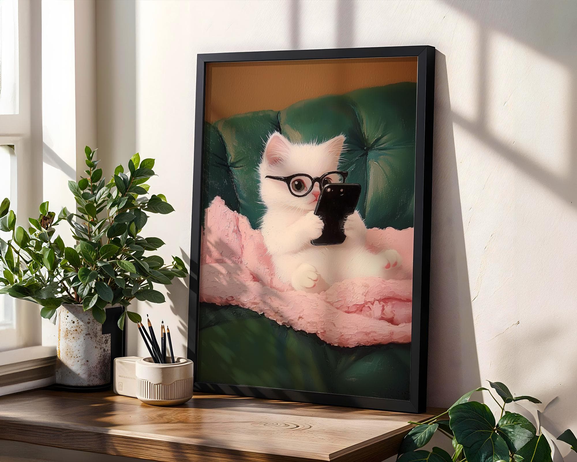 Cute Animal Wall Print, Funny Whimsical Home Decor, Adorable Cat with Smartphone, Digital Download, Funny White Cat Wall Art, Cute Cat Decor - view 3
