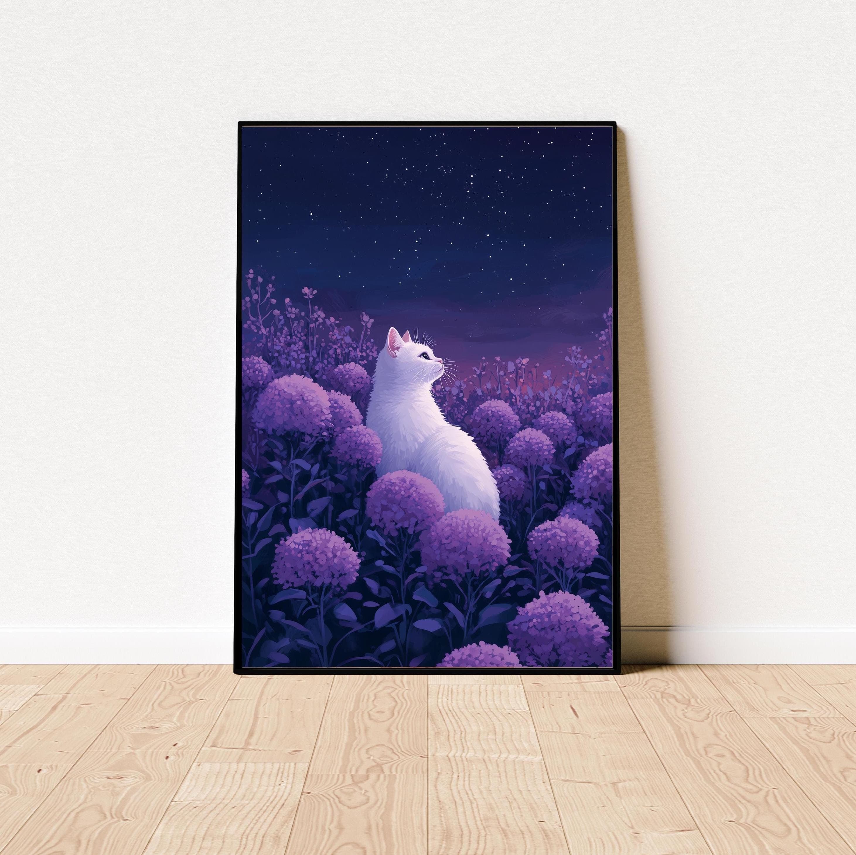 White Cat Under Starlit Sky - Purple Floral Art Print, Purple Floral Fantasy Art Print, White Cat with Lilac Flowers, White Cat Wall Print