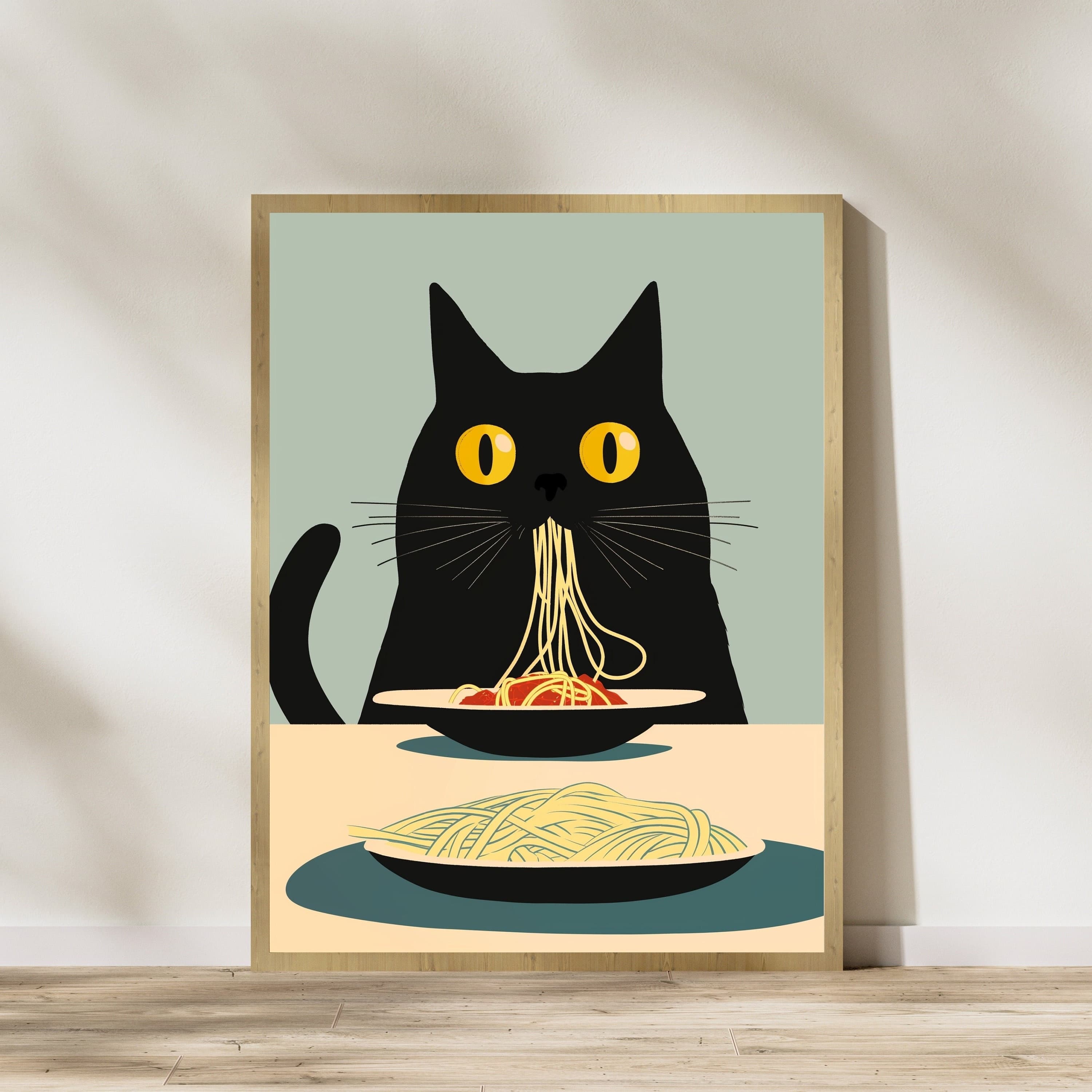 Black Cat Spaghetti Art Print, Whimsical Cat Kitchen Decor, Black Cat Pasta Print, Cat Kitchen Print, Digital Download, Digital Animal Art