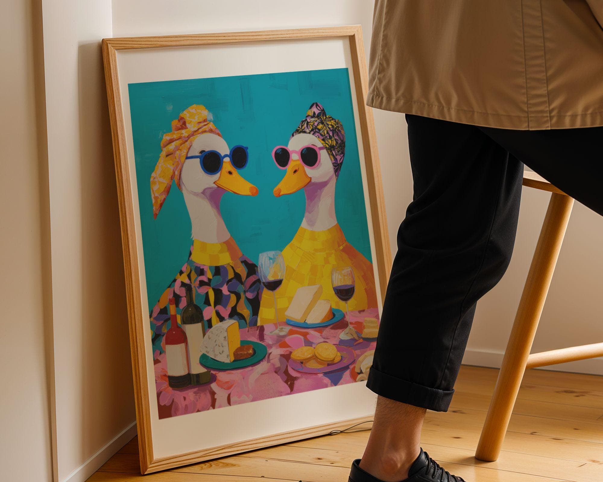 Funny Duck Couple Kitchen Wall Art, Colorful Duck Wine Dinner Art, Whimsical Duck Couple Painting, Pop Art Duck Kitchen Decor, Wine Lover - view 5
