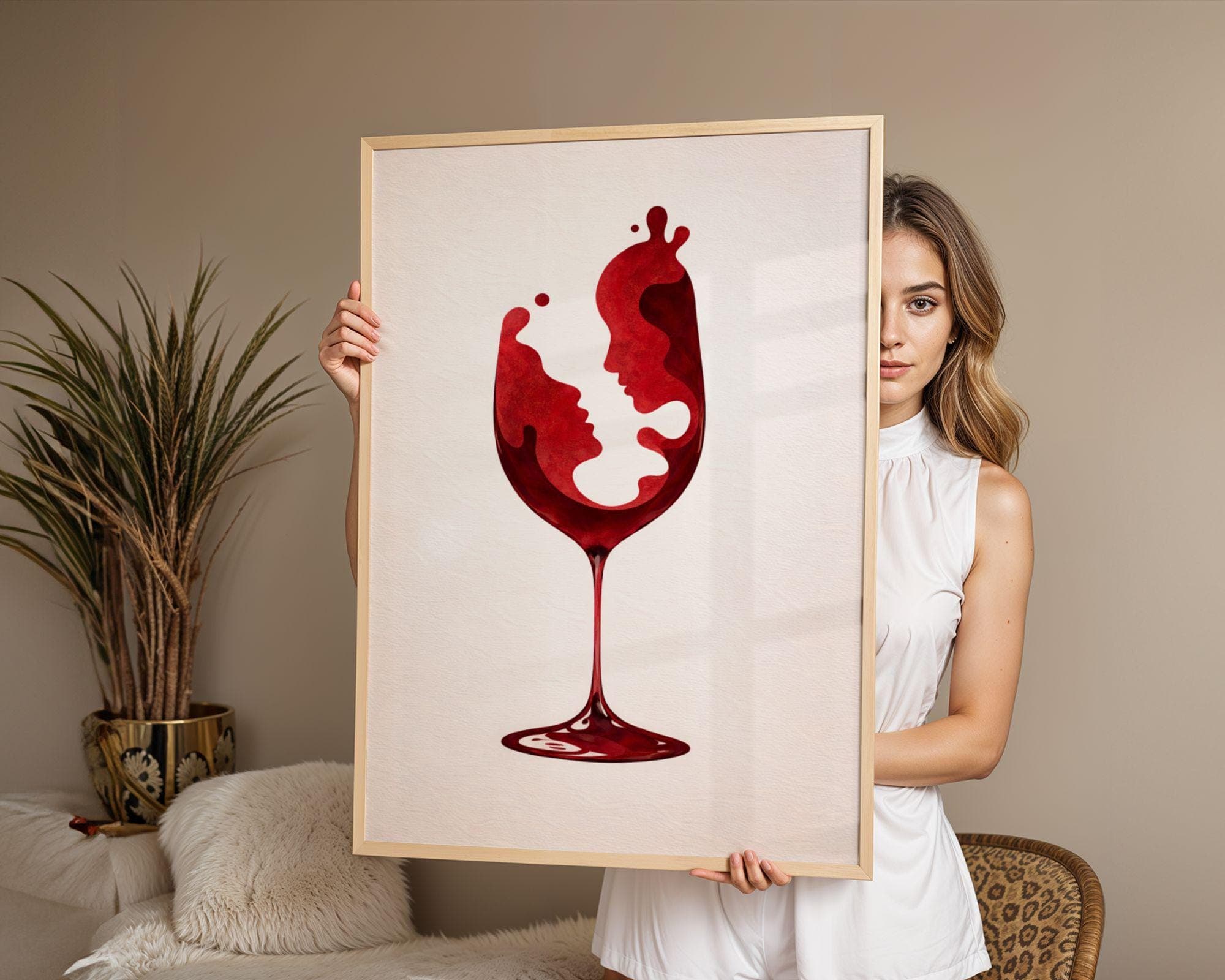 Red Wine Glass Wall Art Print, Romantic Couple Face Abstract Poster, Modern Dining Room Bar Decor, Minimalist Love Art, Bar Cart Decor - view 6