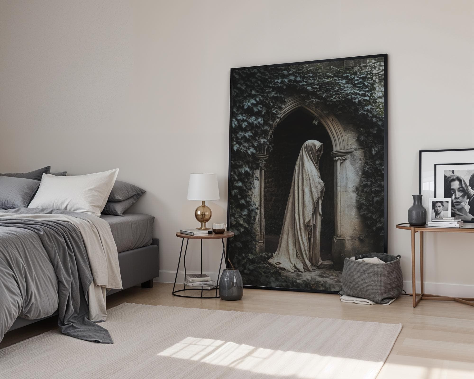 Veiled Woman under Ivy Canvas – Moody Gothic Portrait for Bedroom Decor, Dark Academia Wall Print, Vintage Veiled Woman Poster, Digital Art - view 6