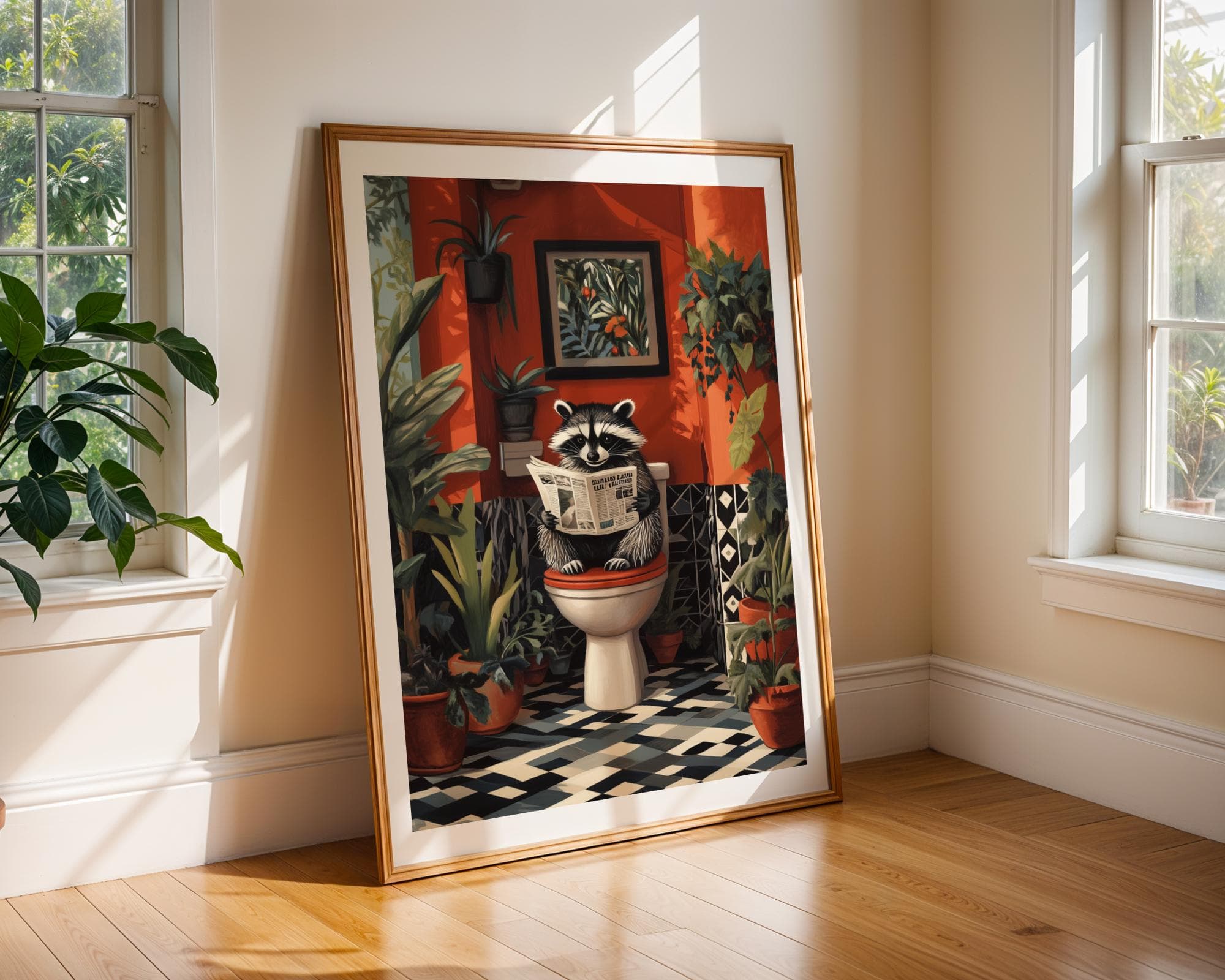 Cute Racoon on Toilet, Funny Bathroom Decor, Pintable Racoon, Funny Racoon Reading on Toilet, Humor Cute Racoon Poster, Kids Bathroom Prints - view 2