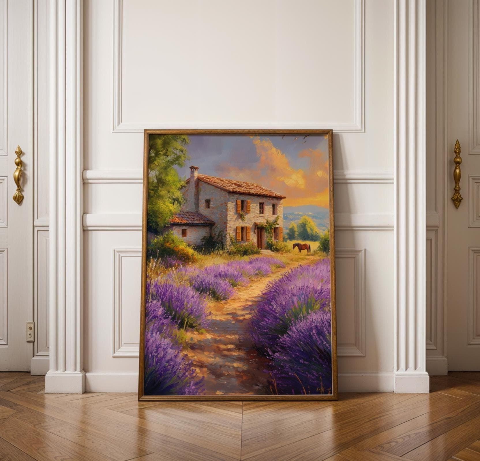 Lavender Farmhouse Wall Art, Rustic Provence Cottage Wall Decor, Stone Cottage Wall Art, Horse and Lavender Meadow Painting, Country Decor