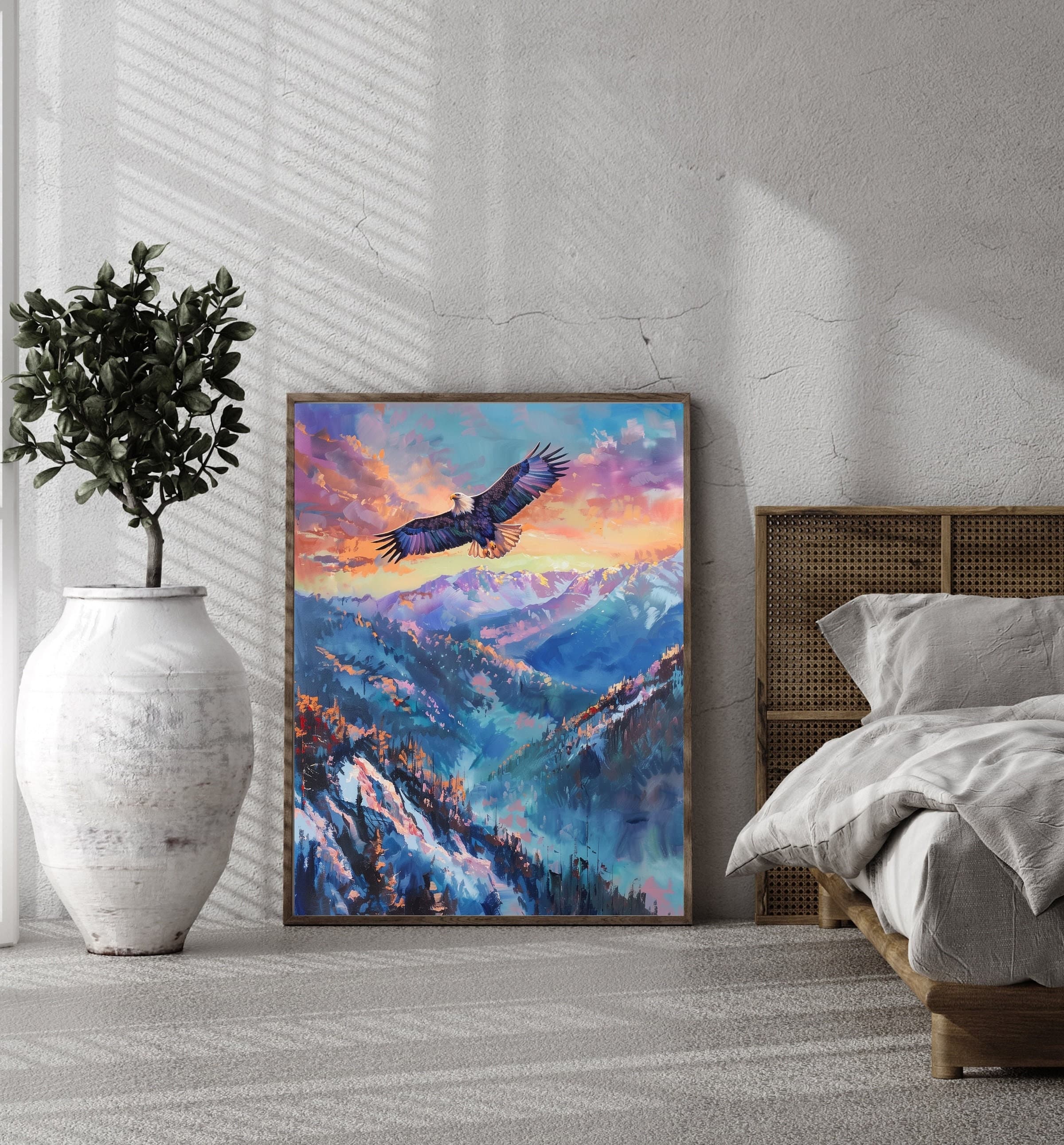 Eagle Flying Mountain Poster, Oil Painting, Eagle Landscape Poster, Wildlife Wall Art, Eagle Soaring, Colorful Mountain Landscape Poster - view 3