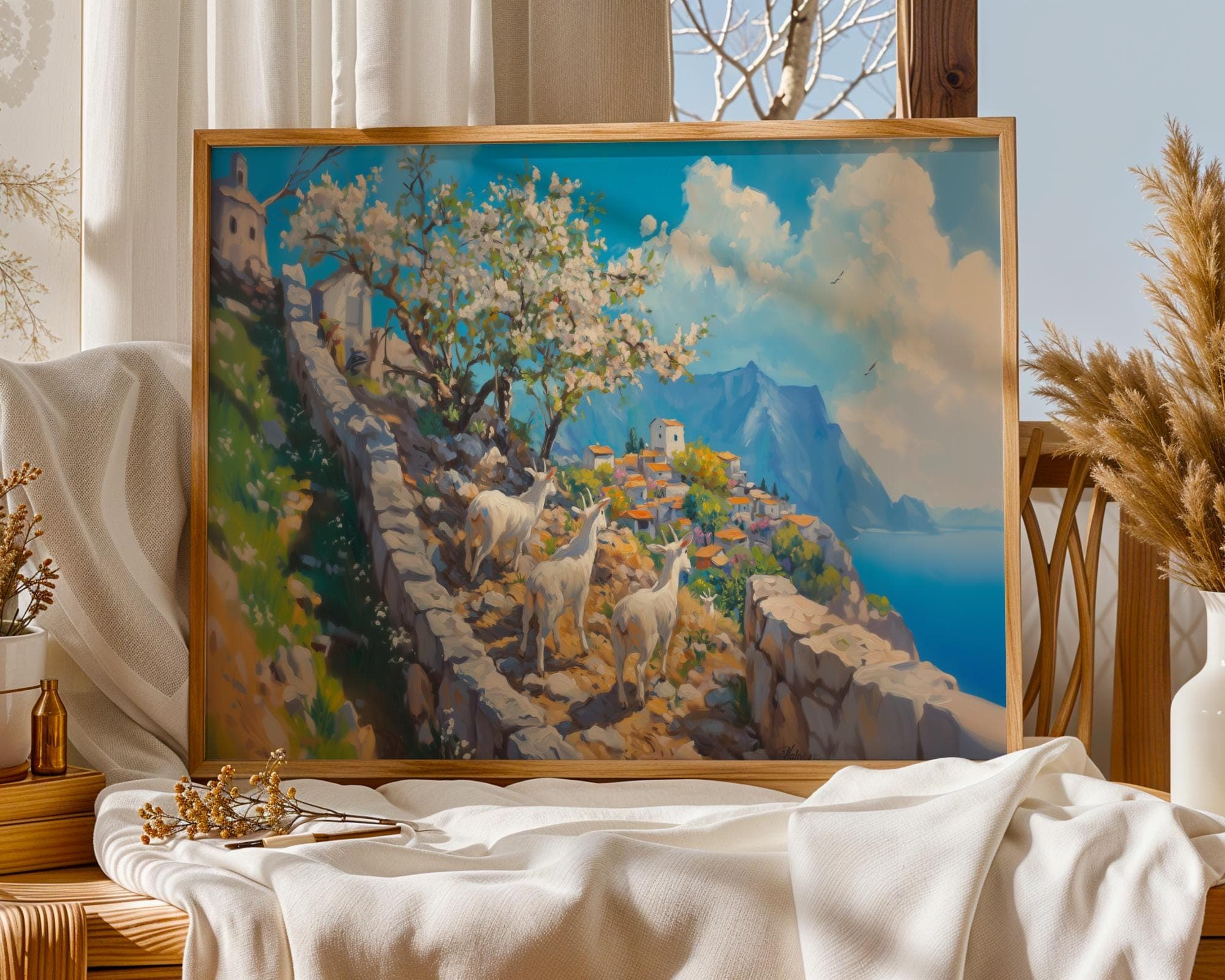 Mediterranean Goat Village, Coastal Mountain Path Painting, Blooming Tree Landscape Print for Rustic Kitchen or Summer Home Decor