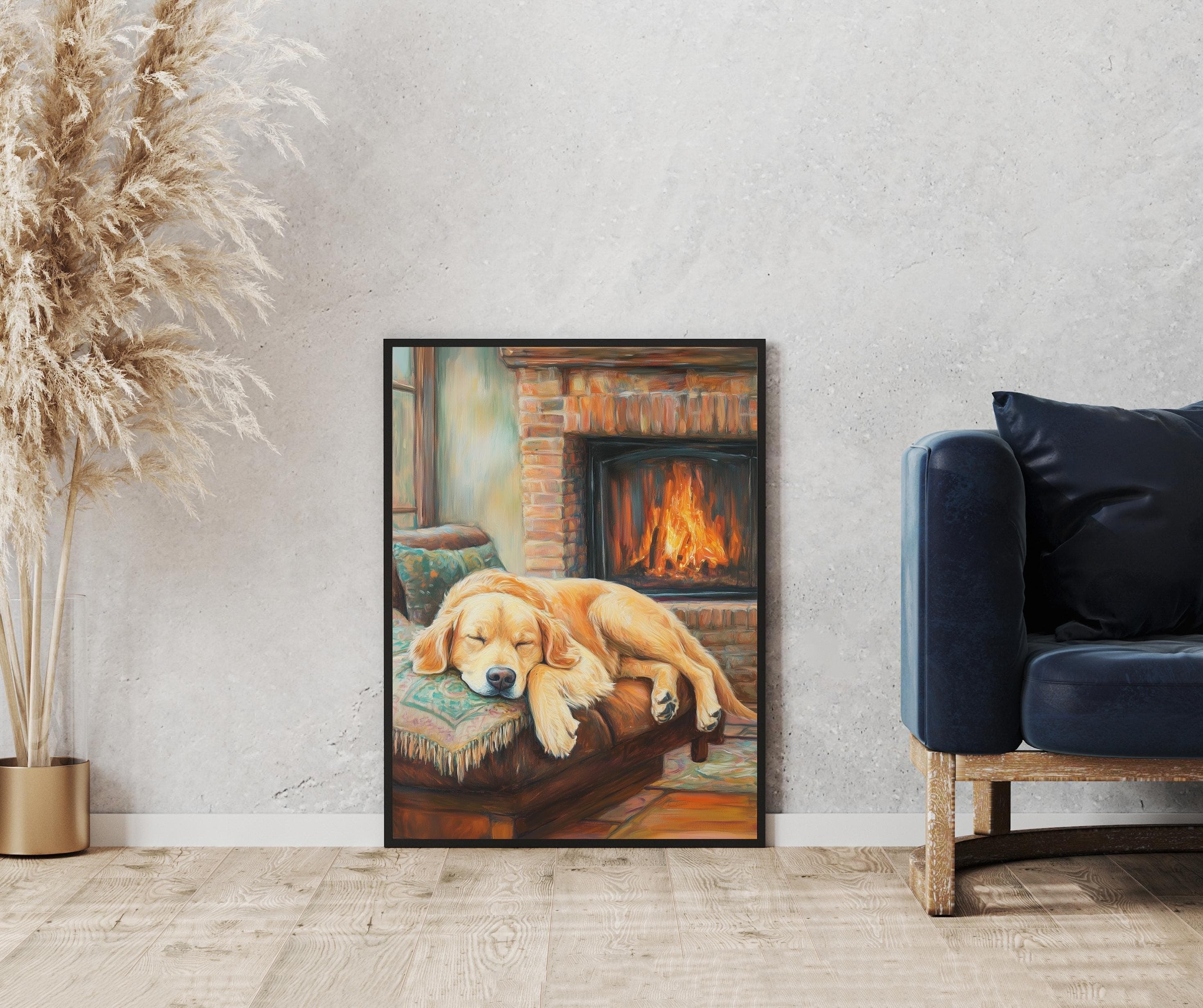 Cozy Golden Retriever by the Fireplace | Warm Pastel Painting for Home Decor, Colorful Dog Print, Warm Wall Decor, Digital Dog Poster - view 5