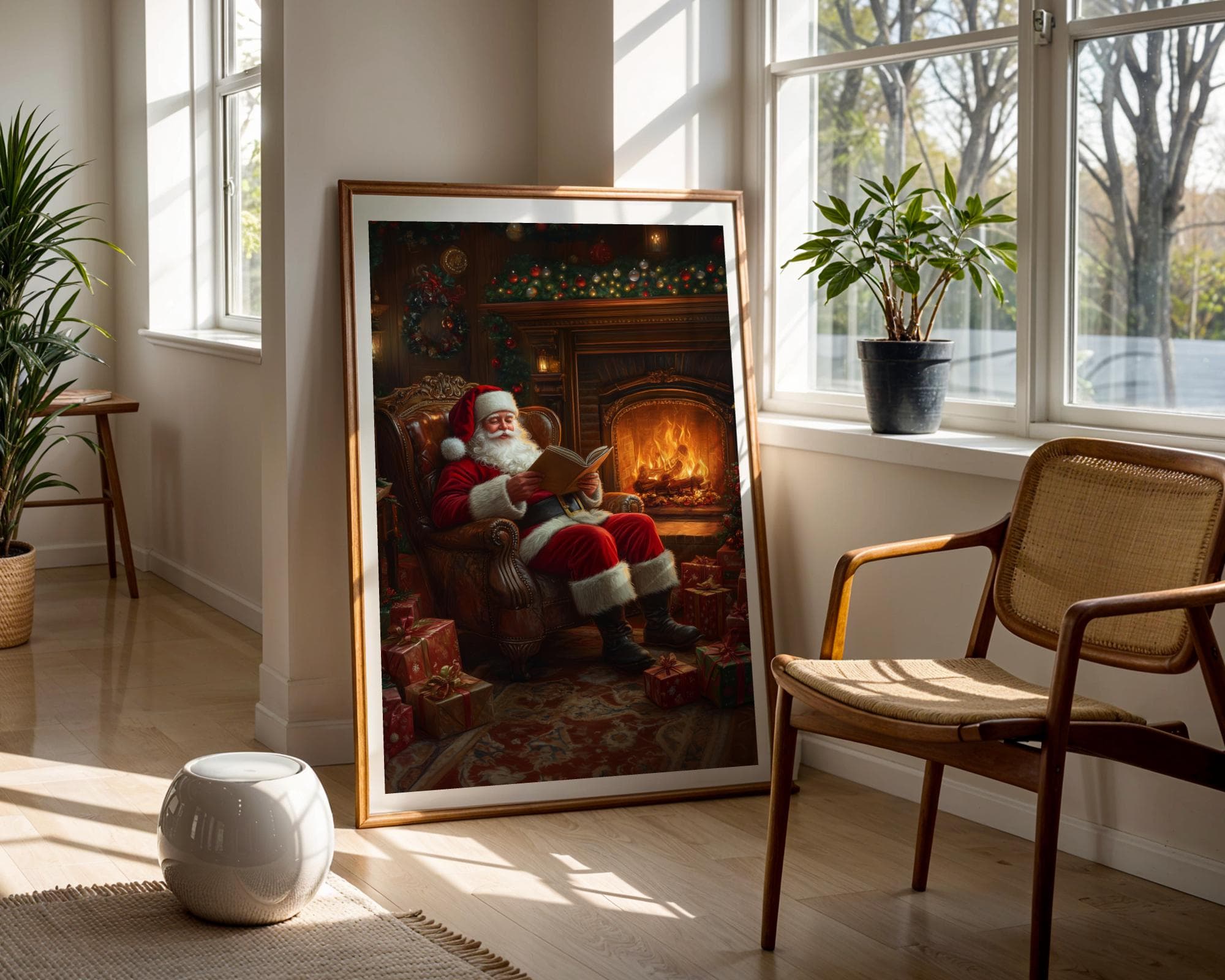 Santa Claus Reading in Cozy Living Room Print, Cozy Christmas Decor, Christmas Wall Art, Rustic Santa Christmas Print, Digital Download - view 4