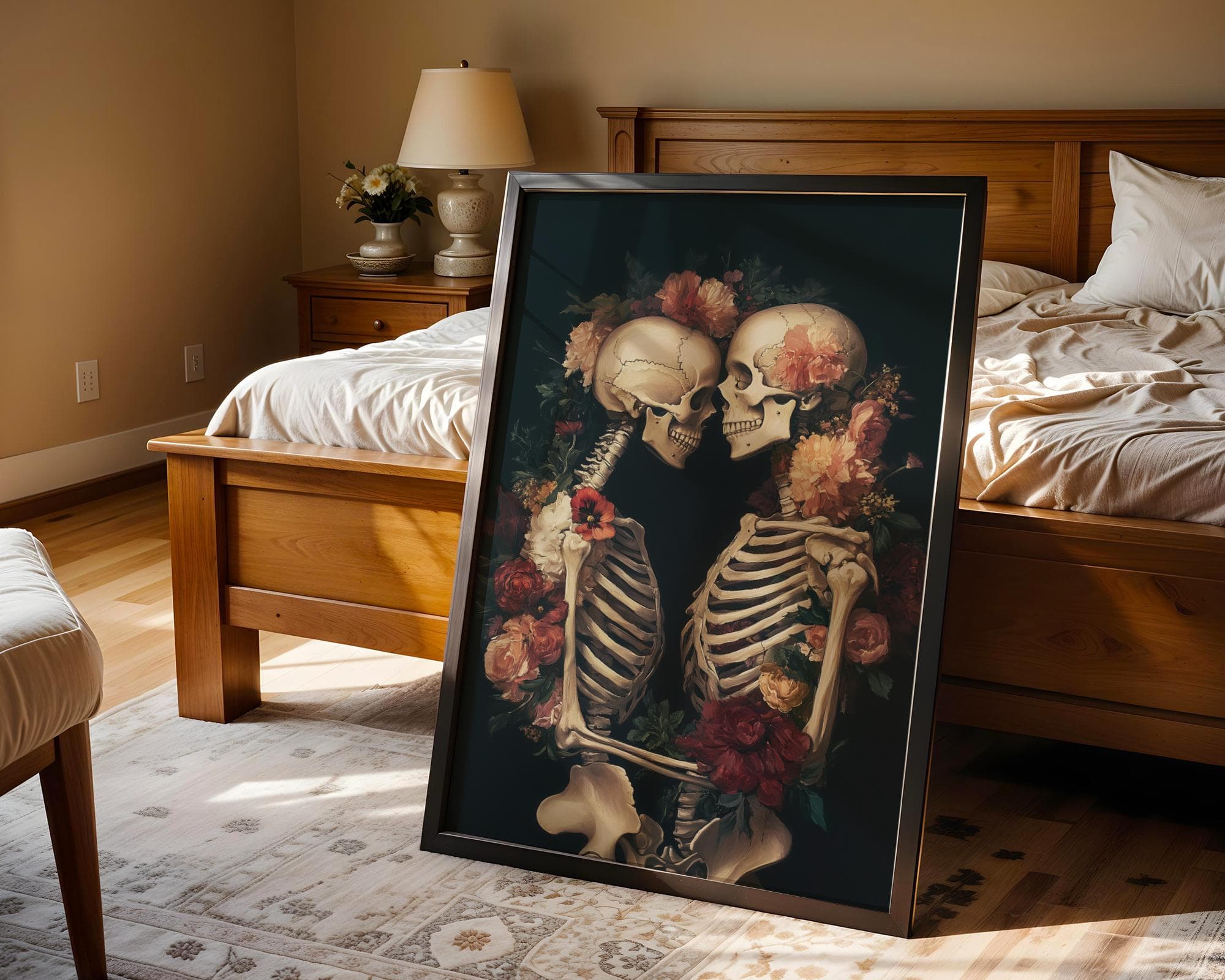 Floral Skeleton Embrace Print – Gothic Love Wall Art, Skeleton Couple Wall Art, Vintage Floral Gothic Romance Print, Floral Skeleton Poster - view 4