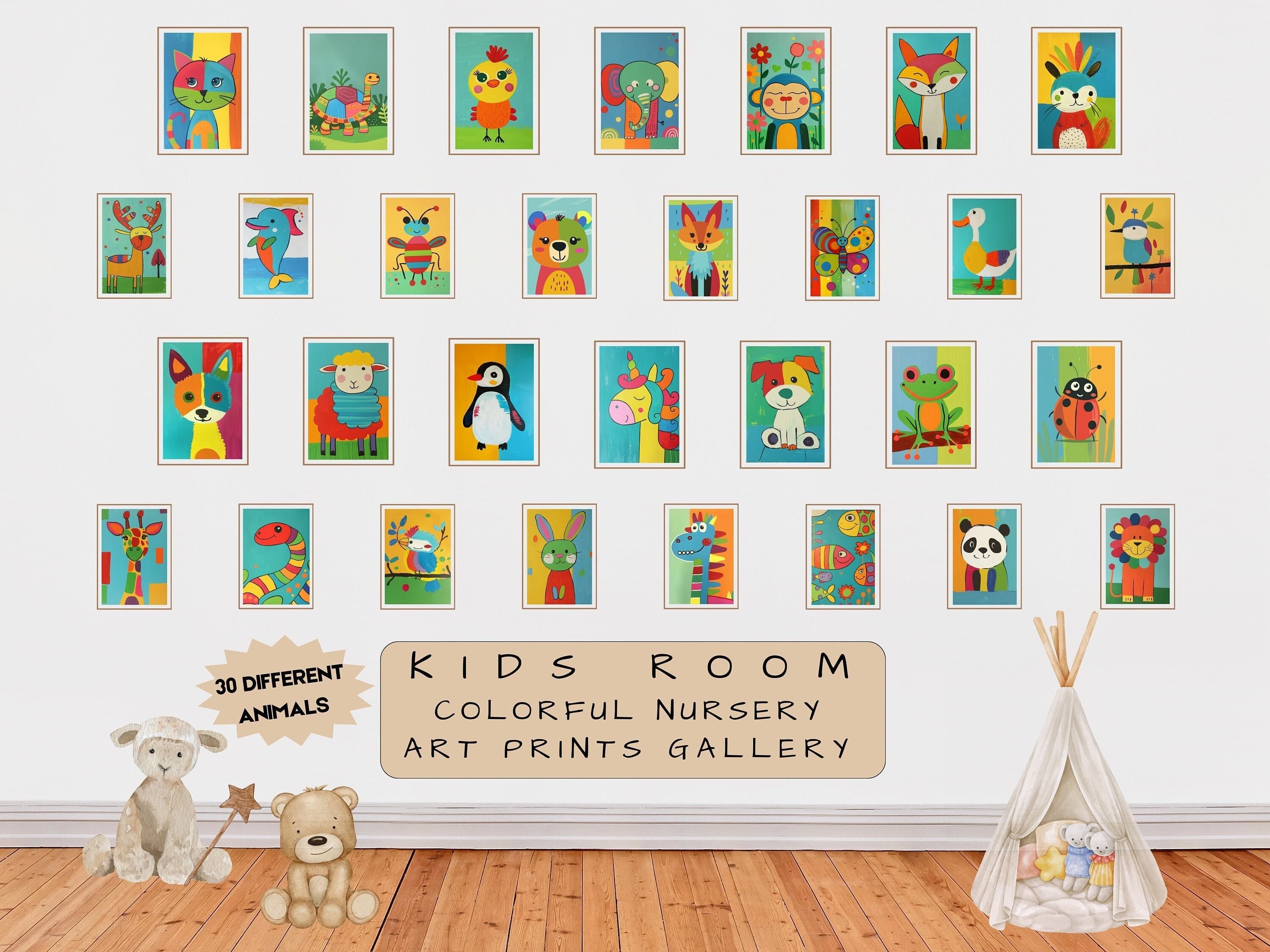 Colorful Animal Prints Set, Colorful Painting , Nursery Wall Art, Cute Baby Room Decor, Playroom Prints, Colorful Nursery Decor, Set of 30