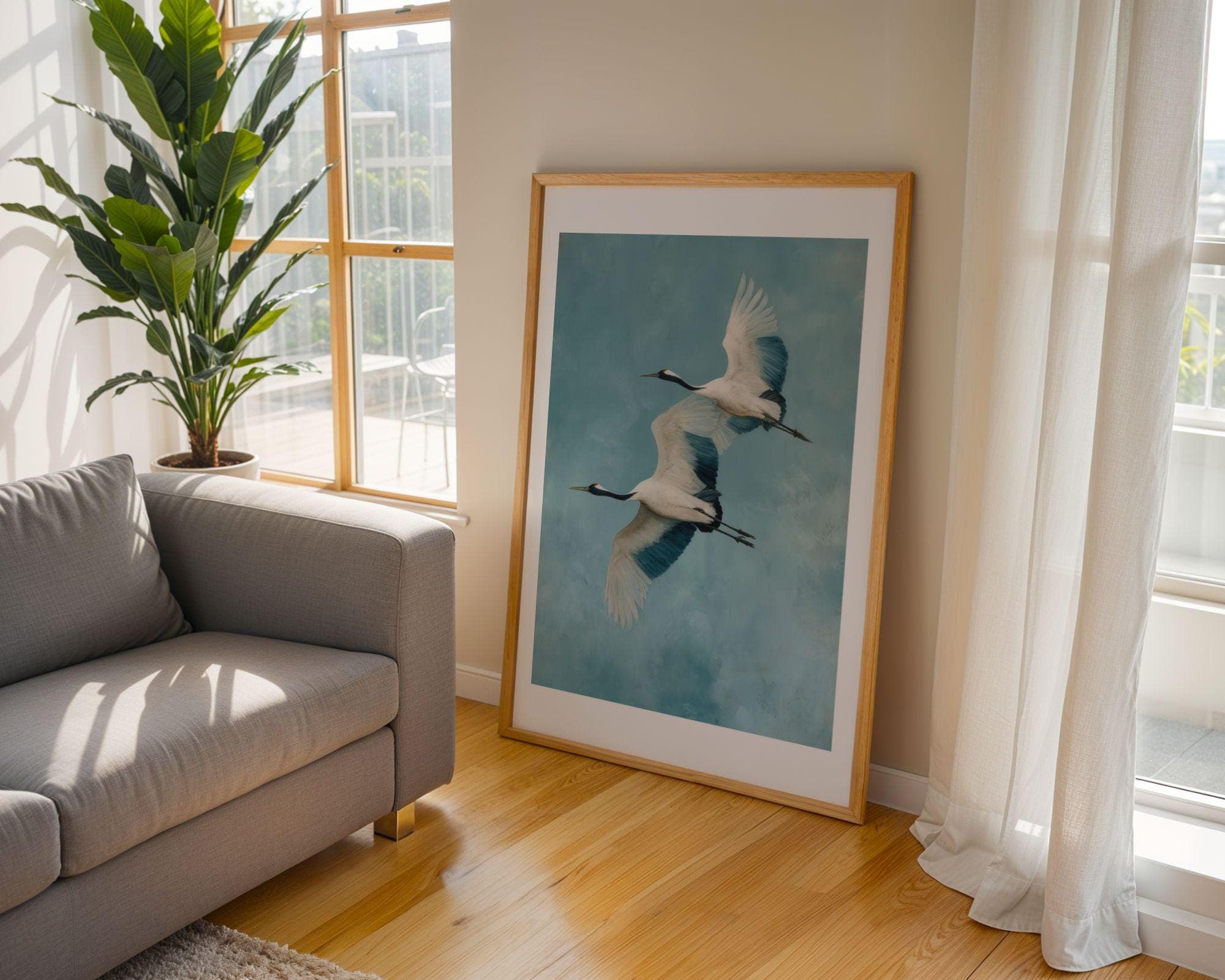 Japandi Crane Wall Art, Wabi-Sabi Decor | Twin Cranes in Flight, Calm Blues Print, Japandi Home Decor, Calming Wall Art, Digital Download - view 2