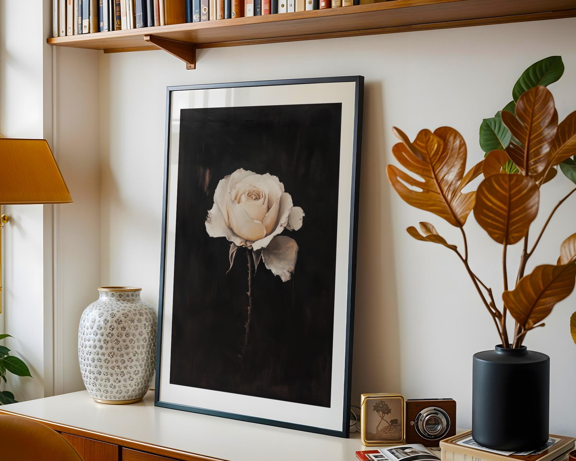 Faded Rose Portrait Print, White Rose Wall Art – Minimalist Oil Painting Floral Print, White Botanical Flower Print, Moody Floral Print - view 4