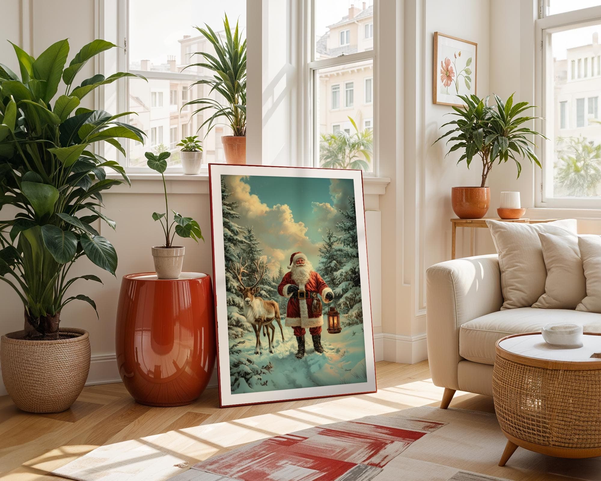 Santa Claus and Reindeer in a Snowy Forest - Winter Christmas Wall Art Print, Nostalgic Christmas Wall Decor, Christmas Wall Art, Santa Art - view 5