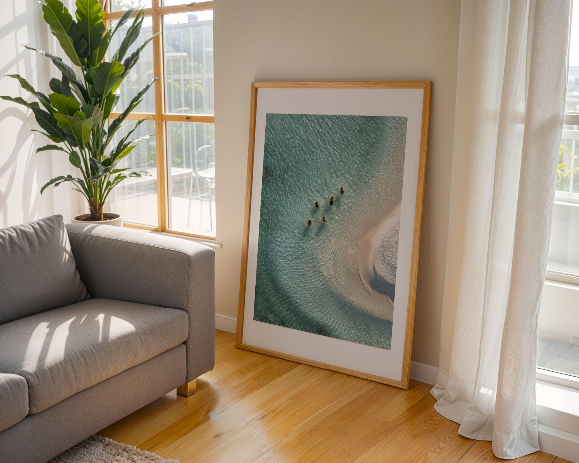 Aerial Ocean Print, Tropical Wall Art, Minimal Coastal Print | Swimmers in Aqua Ripples, Aerial Beach Art Print, Turquoise Lagoon Wall Decor - view 2