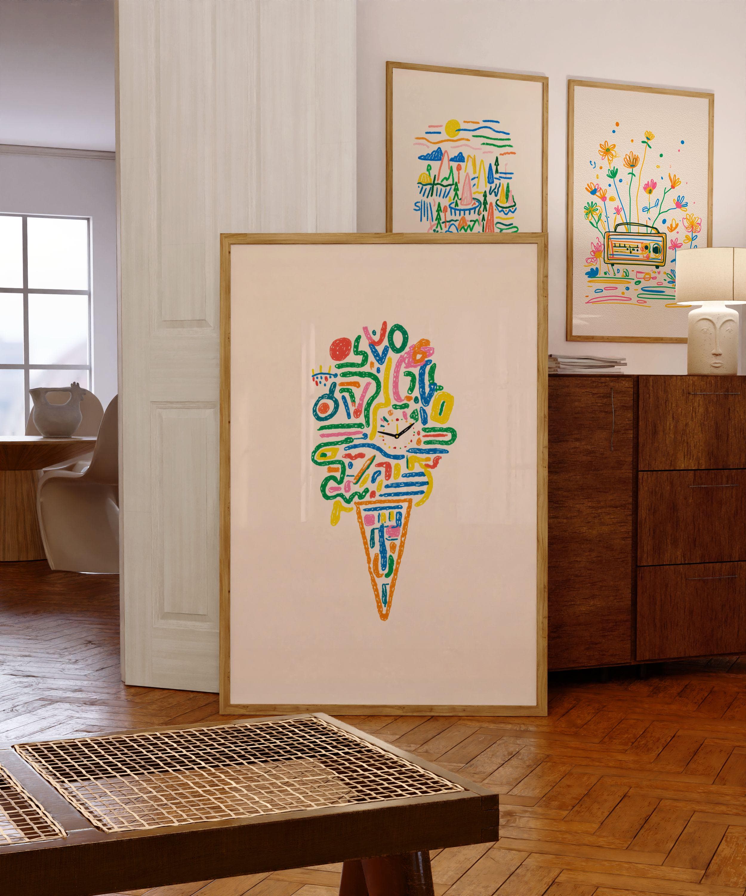 Whimsical Clock Ice Cream Poster, Funky Number Art Print, Funky Abstract Art, Fun Pop Art Poster, Colorful Minimal Wall Decor, Fun Pop Art
