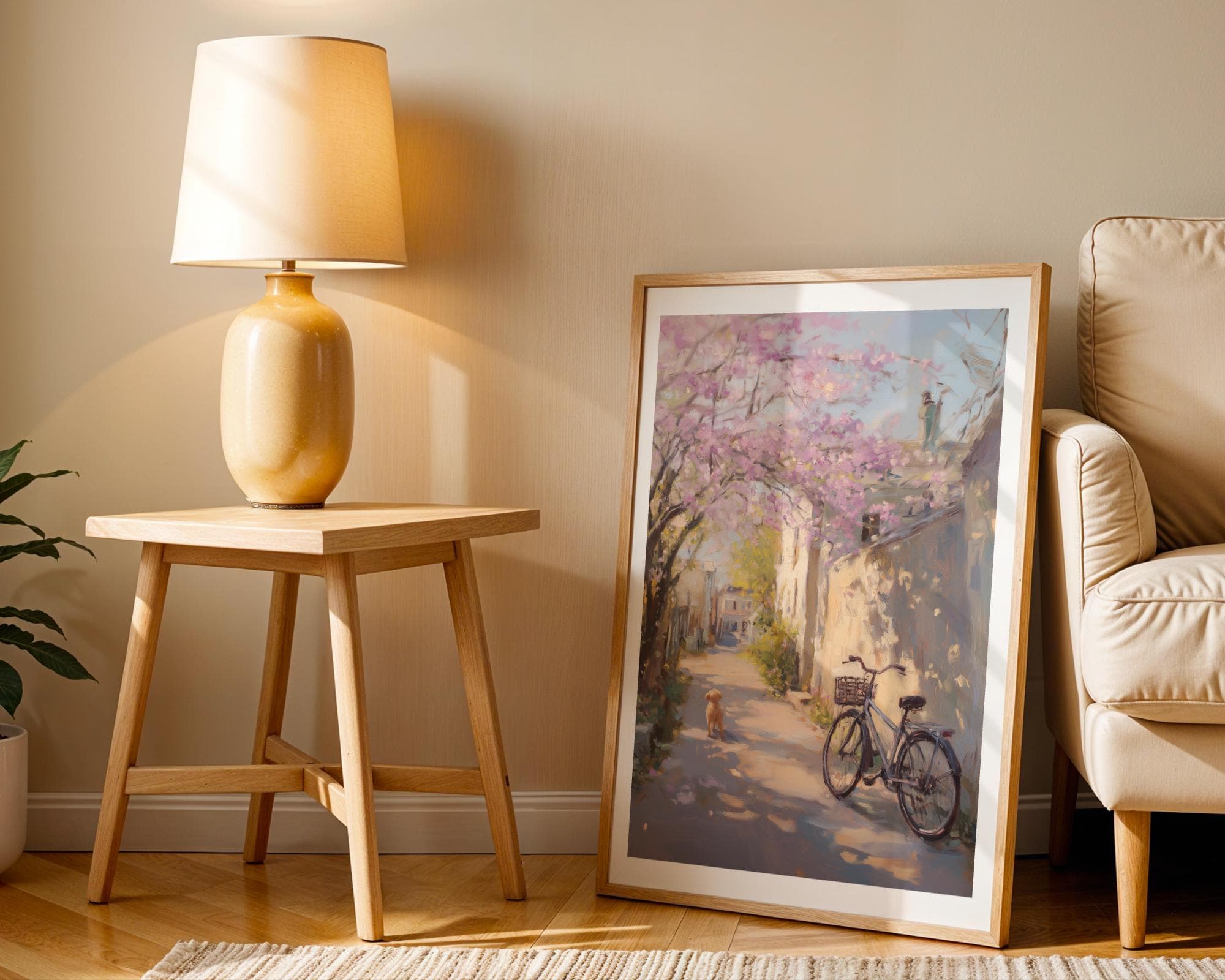 Cherry Blossom Street Print, Dog and Vintage Bike Poster, Pastel Blossom Street Print, Cottagecore Blossom Decor, Floral Alley Wall Print - view 5