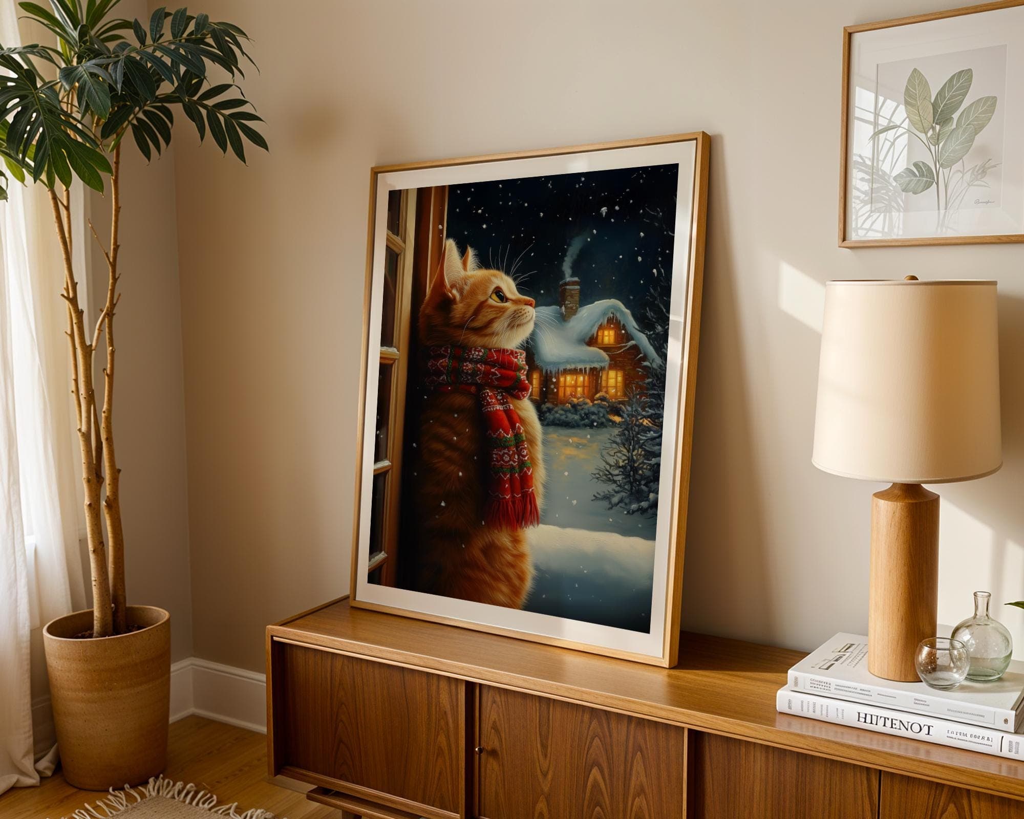 Orange Cat in Scarf Art, Holiday Wall Decor, Festive Cat Wall Art, Orange Cat Christmas Print, Winter Cat Illustration, Christmas Decor - view 5