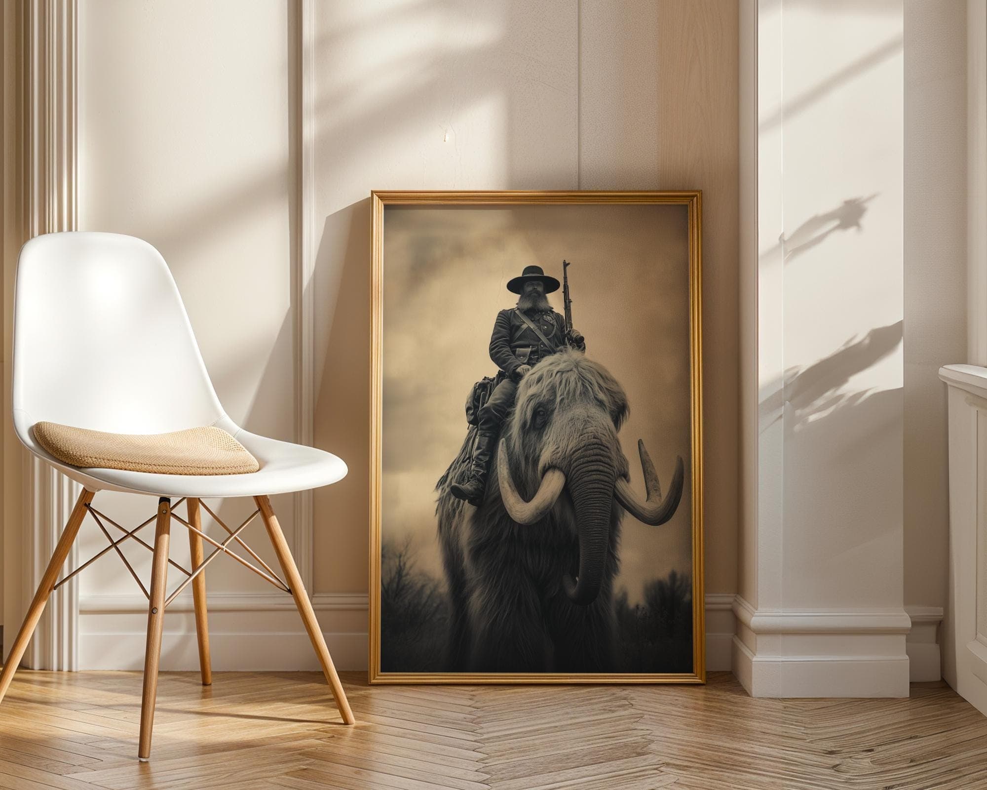 Cowboy Riding Mammoth Sepia Fantasy Art Print, Prehistoric Fantasy Western Print, Surreal Western Art Poster, Monochrome Fantasy Print - view 2