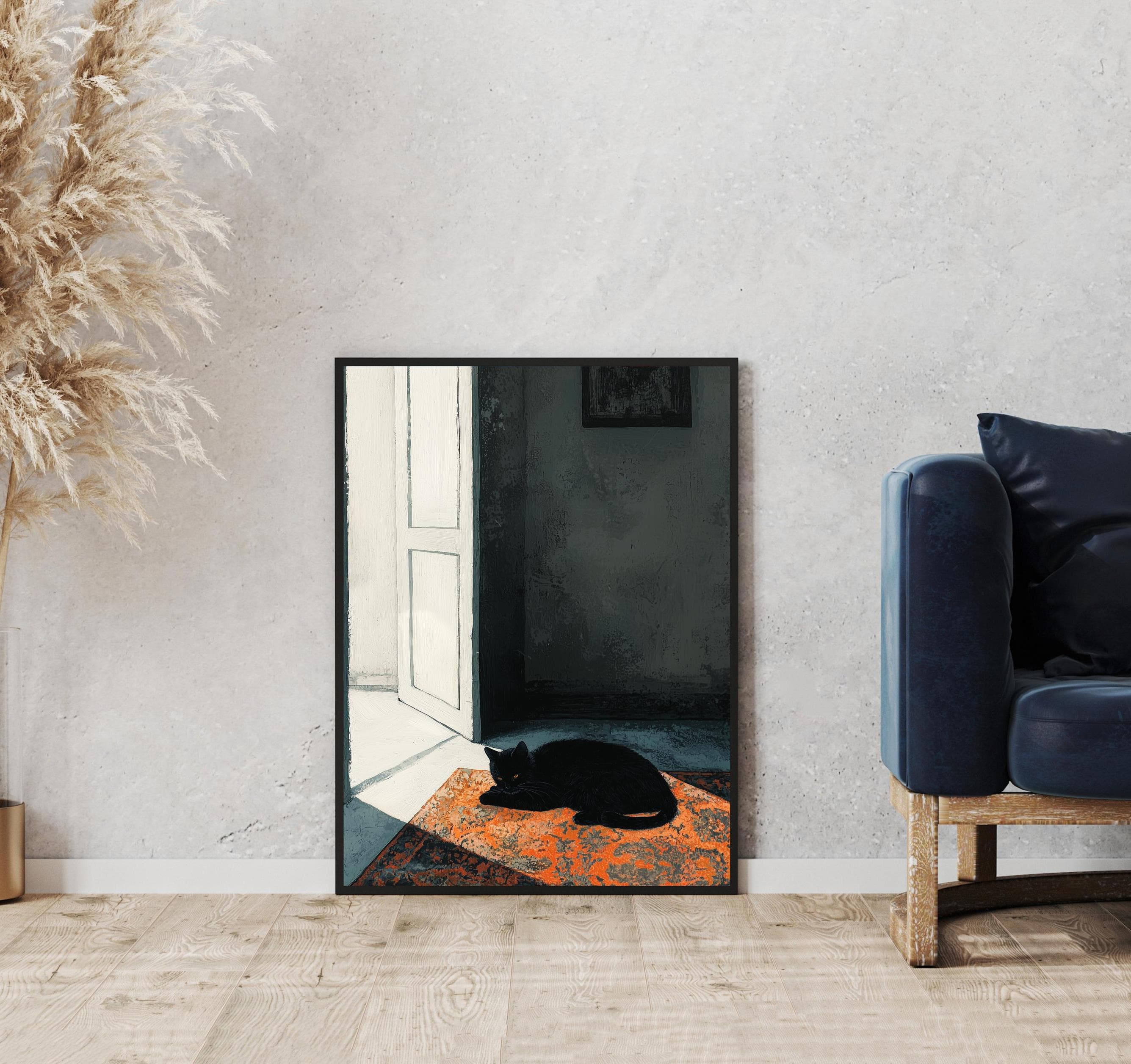 Moody Black Cat in Sunlit Room, Dark Minimalist Art, Black Cat Digital Download, Black Cat Poster, Maximalist Black Cat Art, Cat Lover Gİft - view 4