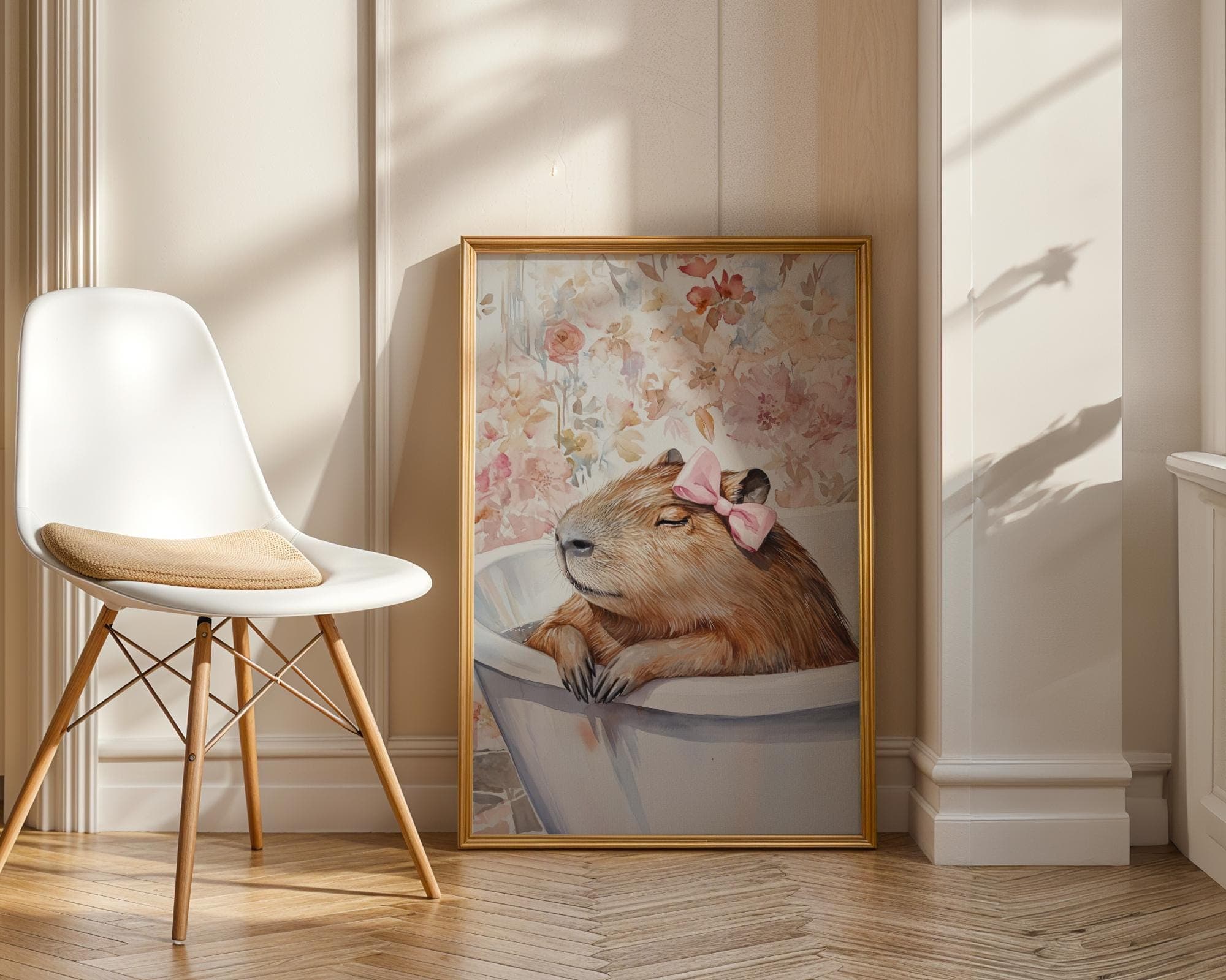 Capybara Wall Art, Pink Bow Capybara Print, Funny Bathroom Decor, Cute Capybara Poster, Bathtub Wall Art, Watercolor Capybara Print - view 2