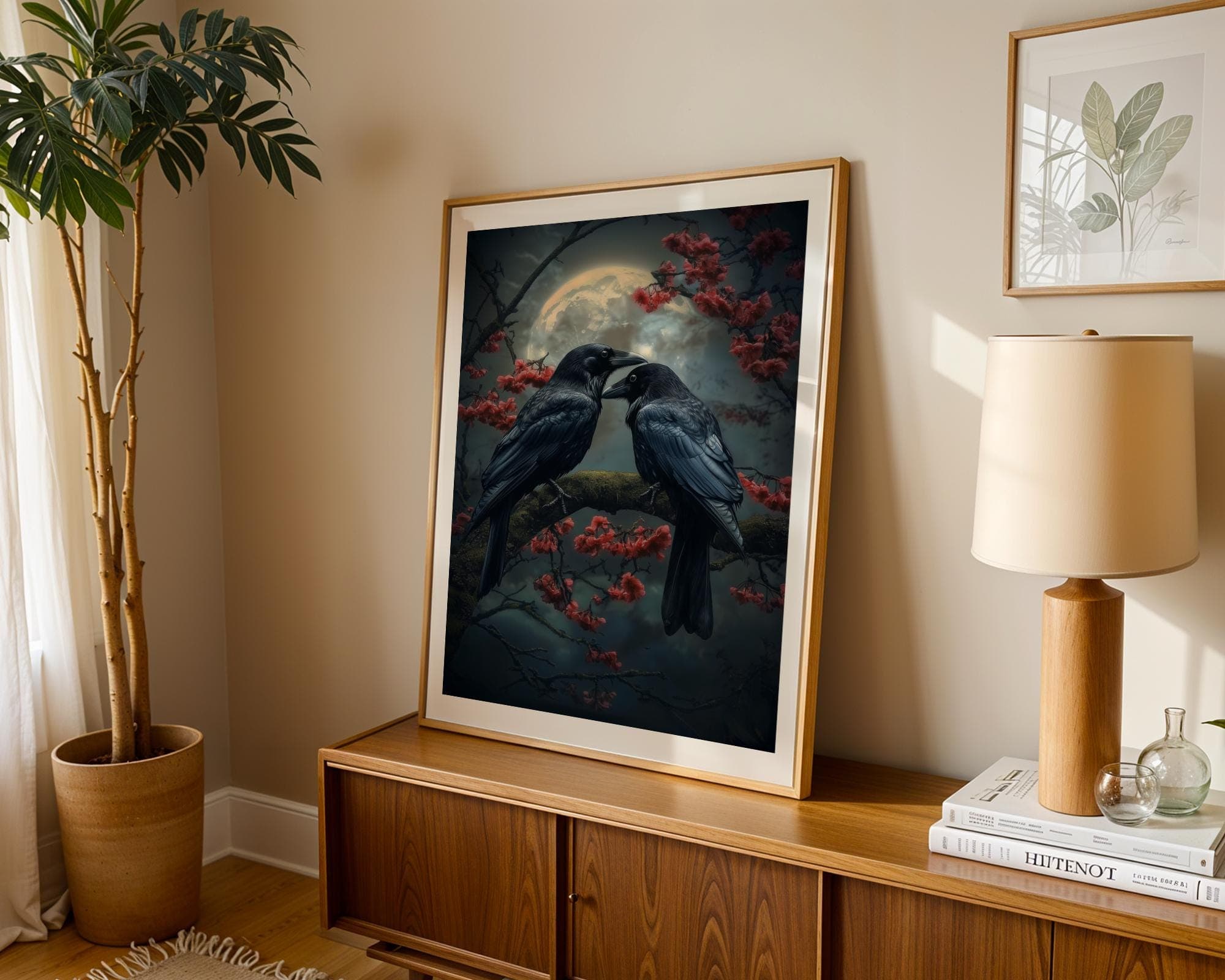 Moonlit Ravens Wall Art Print, Gothic Romance Crow Poster, Dark Academia Raven and Cherry Blossom Painting, Dark Romantic art, Gothic Art - view 6