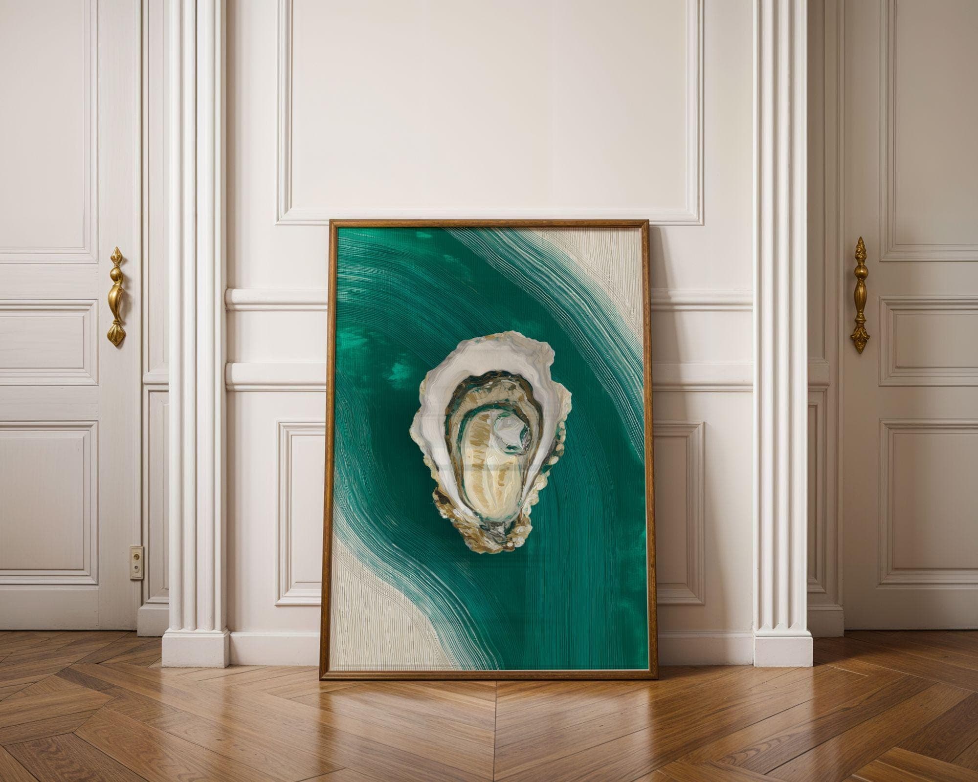 Oyster Shell Wall Art, Coastal Green Ocean Decor, Beach House Print, Minimalist Sea Life Poster, Summer Decor, Teal Ocean Abstract Painting