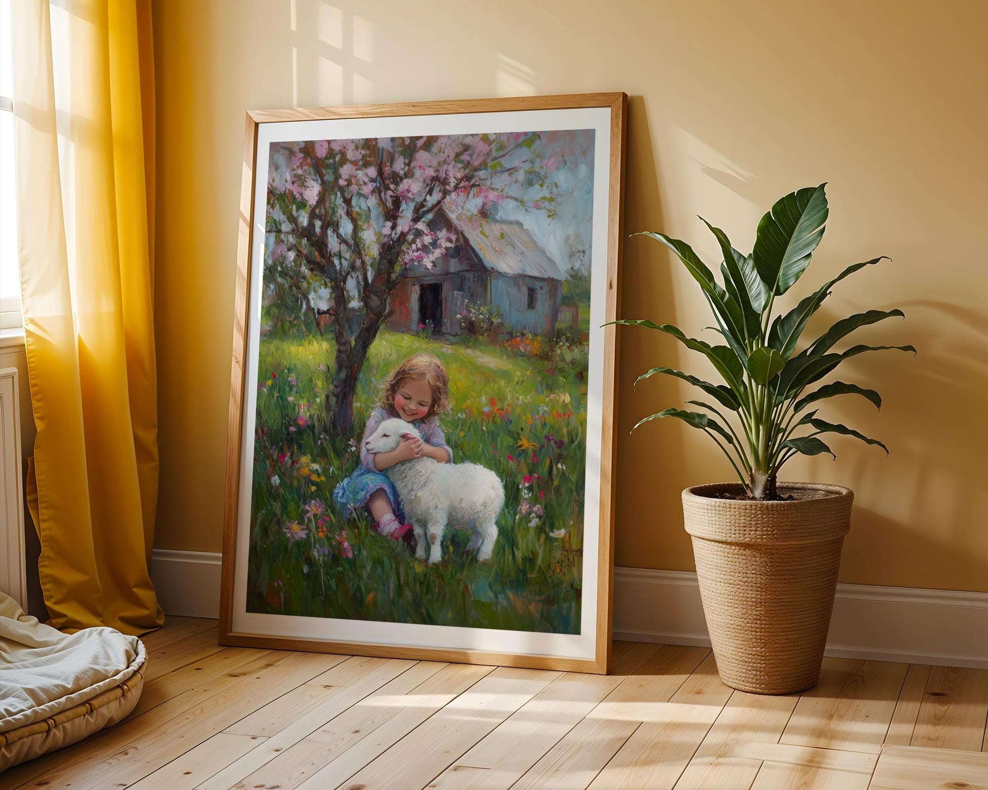Pastoral Girl and Lamb Wall Art, Cottagecore Wall Decor, Floral Pastoral Art, Vintage Countryside Girl and Sheep Painting, Nature Wall Decor - view 2