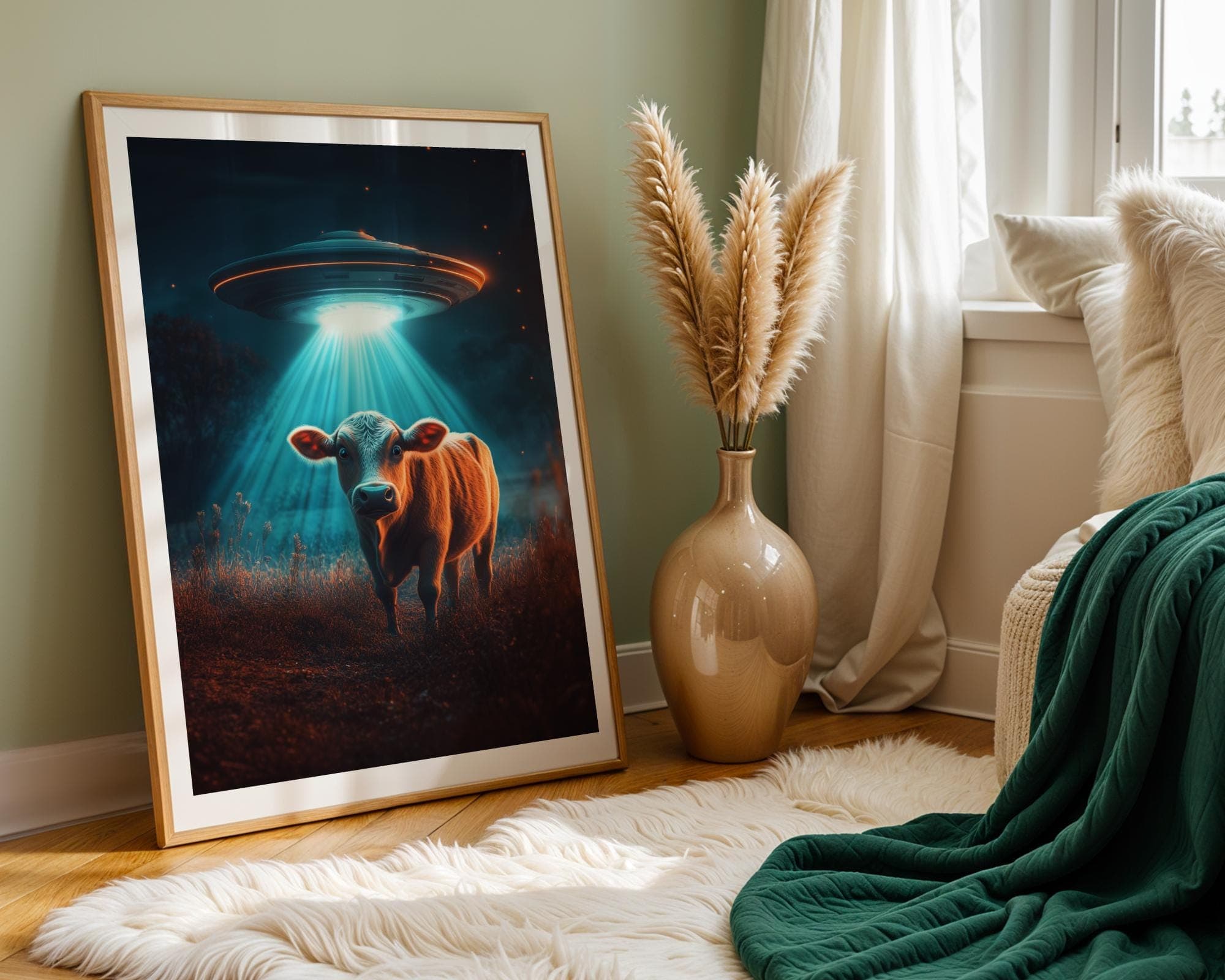 Cow Alien Abduction Art Print, Vintage UFO Print, Digital Download, Funny Wall Decor, Funny Cow Print, Funny Digital Wall Prints, Funny Art - view 7