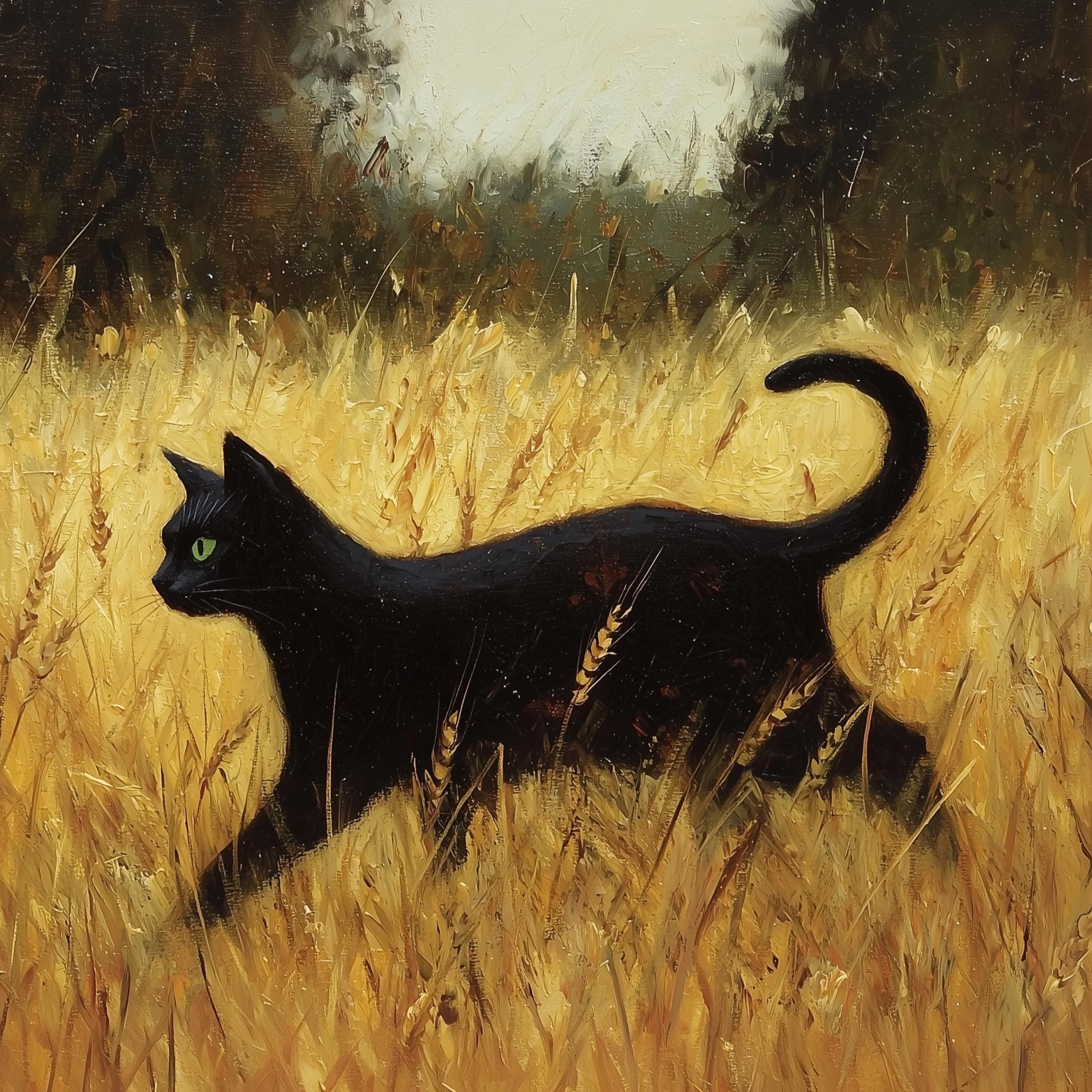 Black Cat Oil Painting Wall Art in Wheat Field, Yellow Gold Landscape, Green Eyes Cat Decor, Vintage Black Cat Wall Art, Vintage Black Cat - view 3