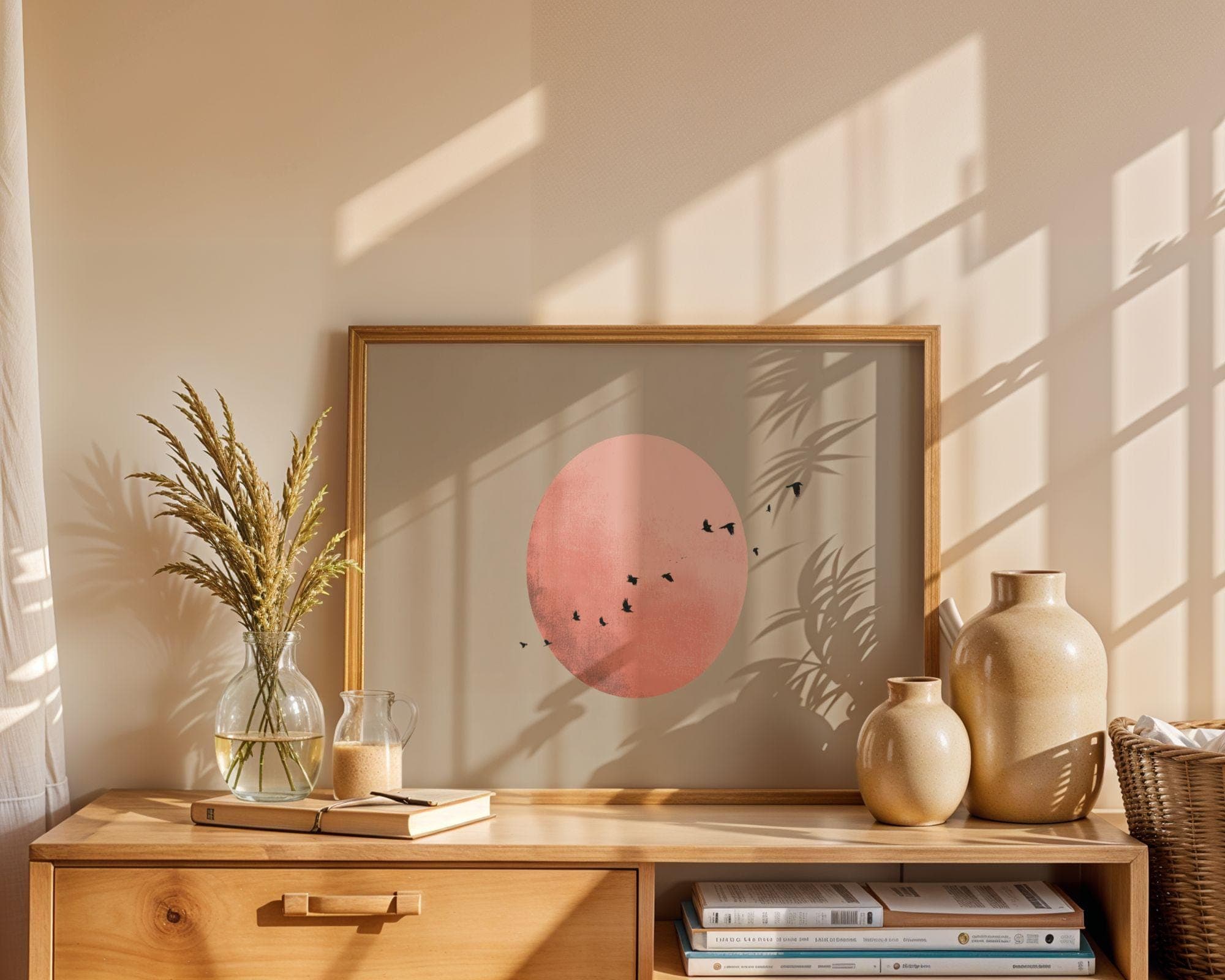 Flying Birds Across Pink Sun Poster, Japandi Wall Art Print, Flying Birds Art, Minimalist Landscape Art, Pink Moon Decor, Scandinavian Print - view 9