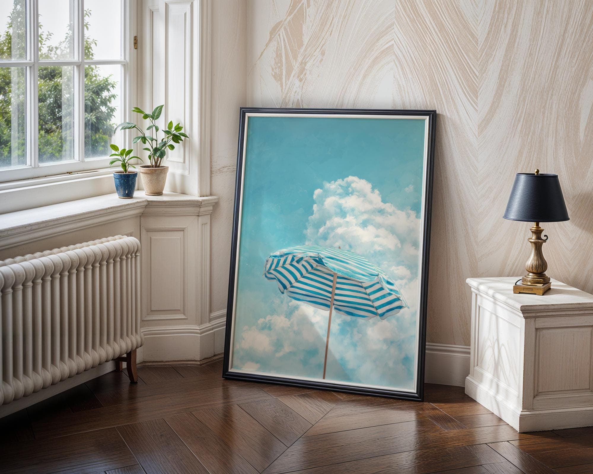 Coastal Beach Umbrella Wall Art, Blue Striped Summer Print, Tropical Coastal Wall Art, Seaside Holiday Wall Art, Coastal Cottage Decor - view 5