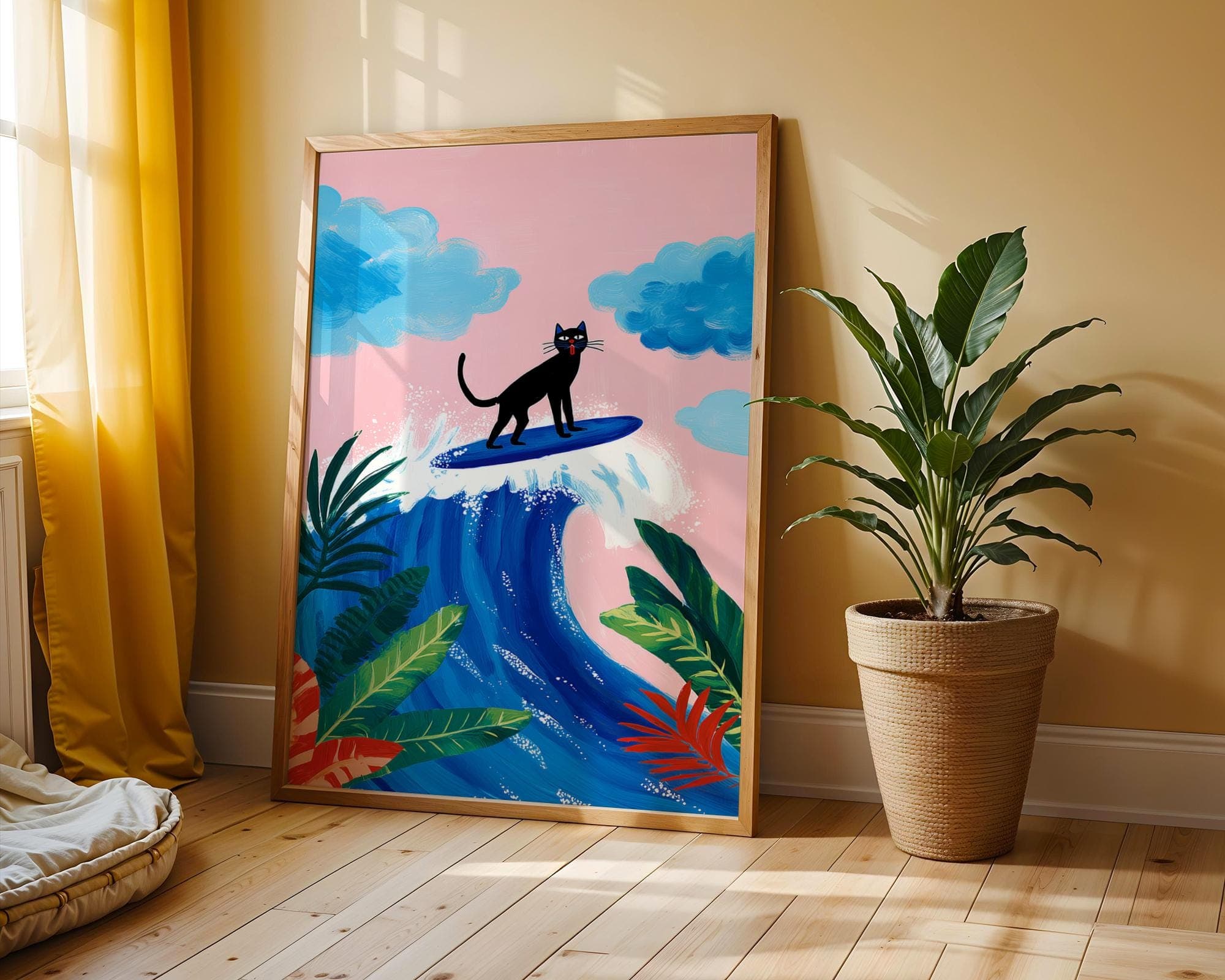 Surfing Black Cat Print – Tropical Pop Art Poster, Funny Surf Cat Wall Art, Tropical Coastal Decor, Modern Beach Art, Quirky Cat Poster - view 2