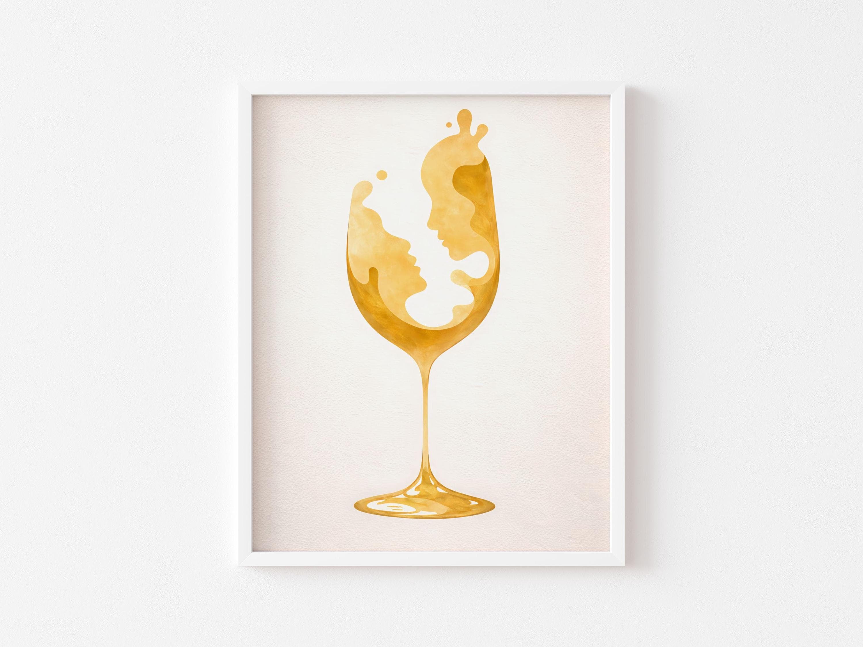 Abstract Wine Glass Wall Art Print, Gold Minimalist Couple Face Line Art Poster, Romantic Modern Dining Room Bar Decor Gift, Wine Lover Gift - view 7