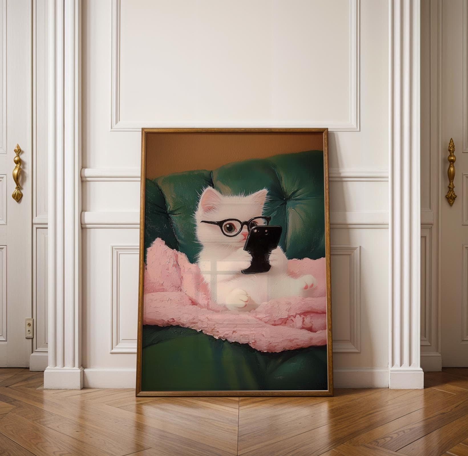 Cute Animal Wall Print, Funny Whimsical Home Decor, Adorable Cat with Smartphone, Digital Download, Funny White Cat Wall Art, Cute Cat Decor