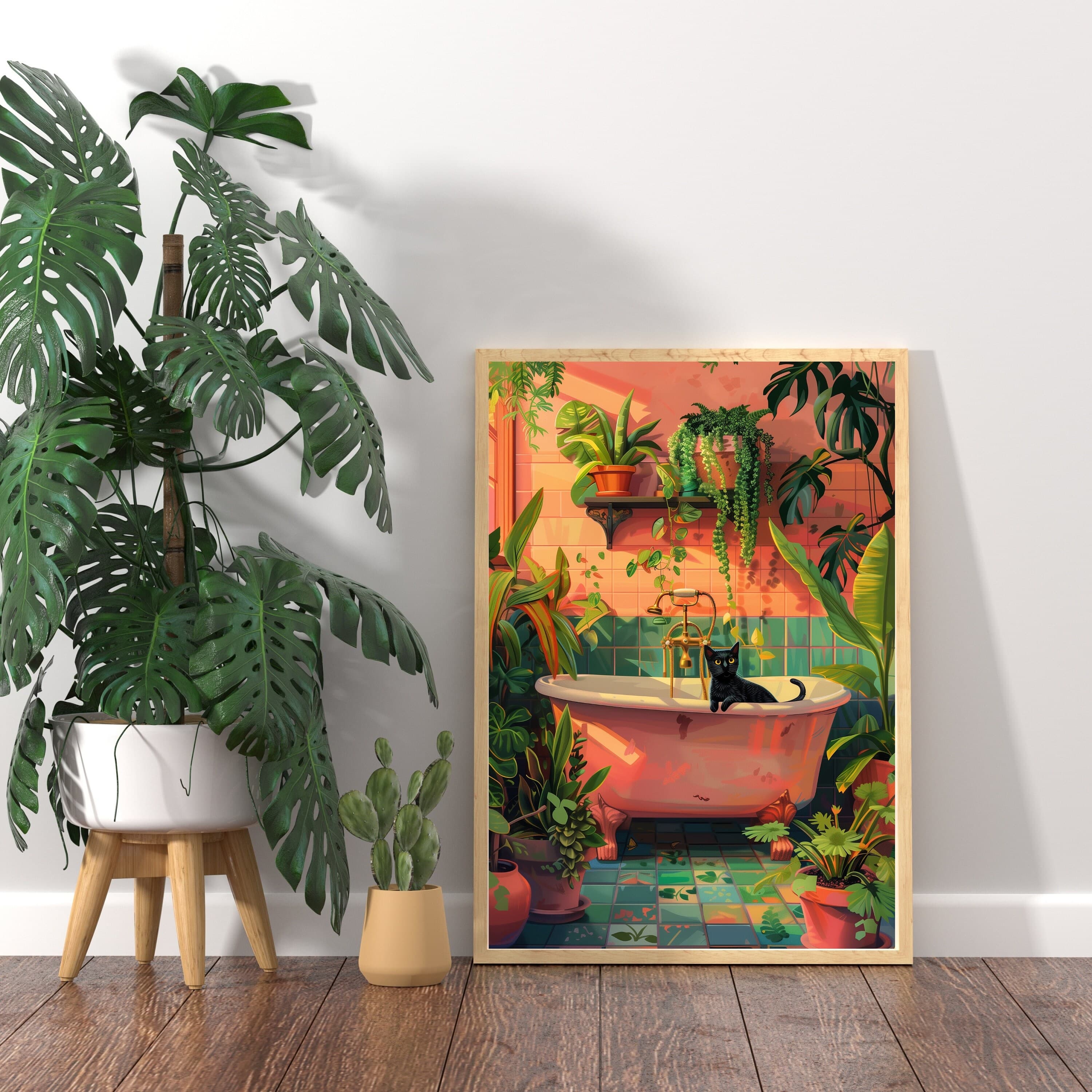 Black Cat in Bathtub Art Print, Tropical Bathroom Decor (Digital Download) - view 3