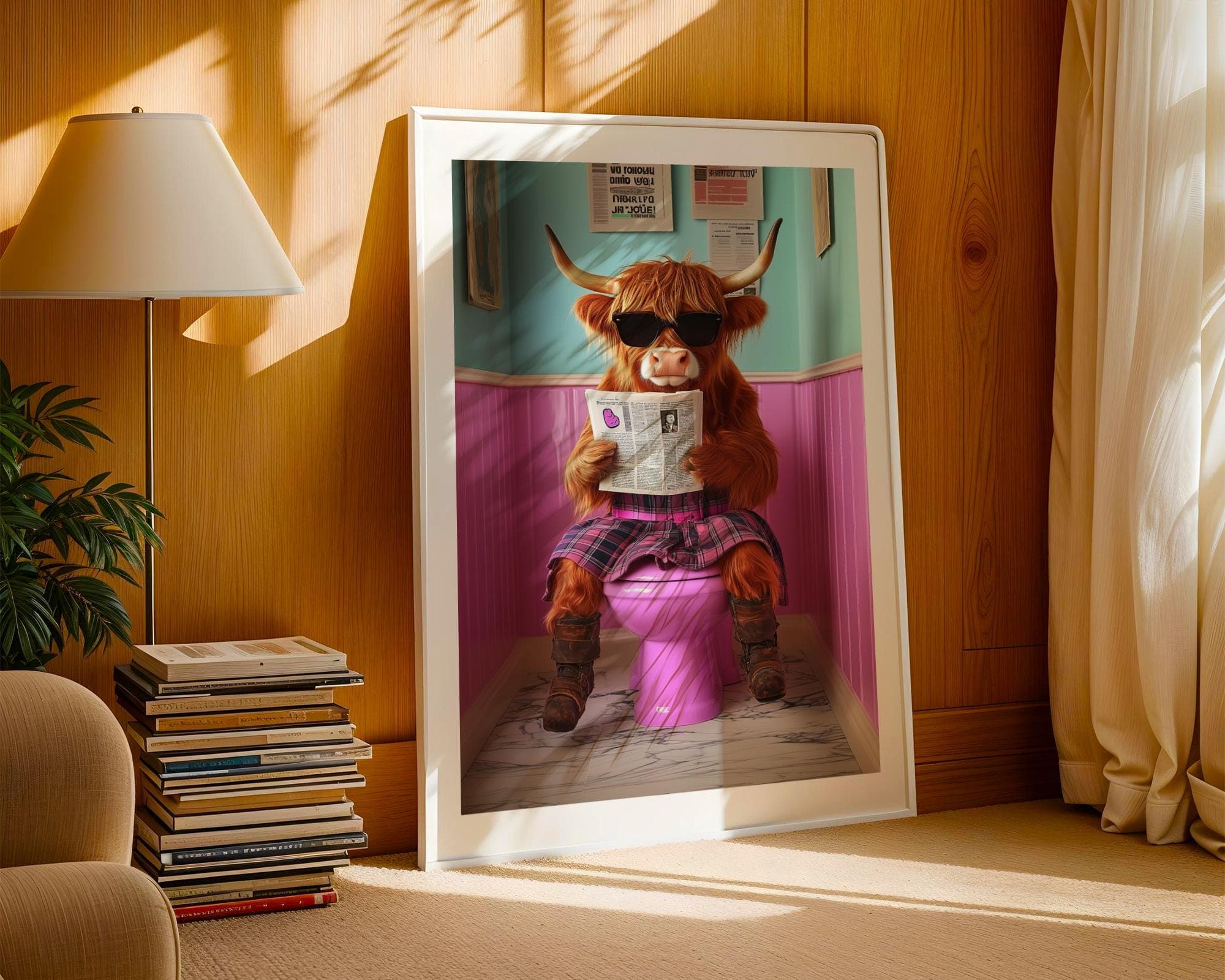 Cute Highland Cow Sitting on Toilet, Quirky Pink Toilet Decor, Pink Bathroom Aesthetic Print, Quirky Toilet Poster, Funny animal on toilet - view 3