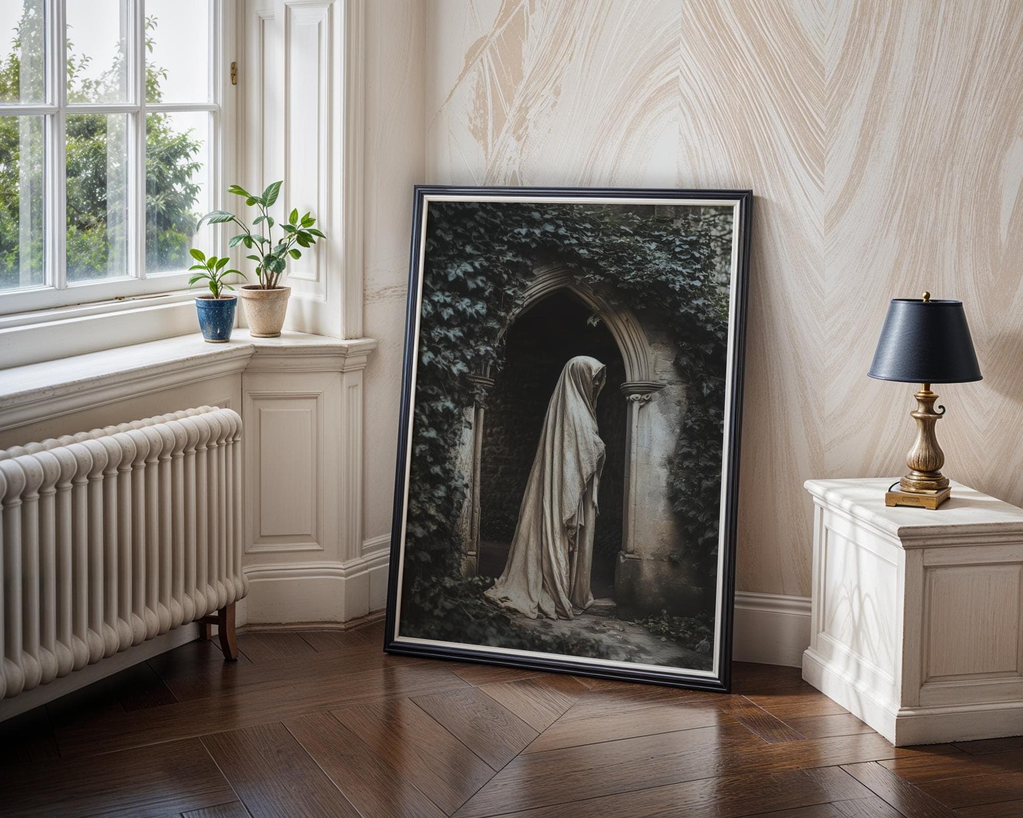Veiled Woman under Ivy Canvas – Moody Gothic Portrait for Bedroom Decor, Dark Academia Wall Print, Vintage Veiled Woman Poster, Digital Art - view 4