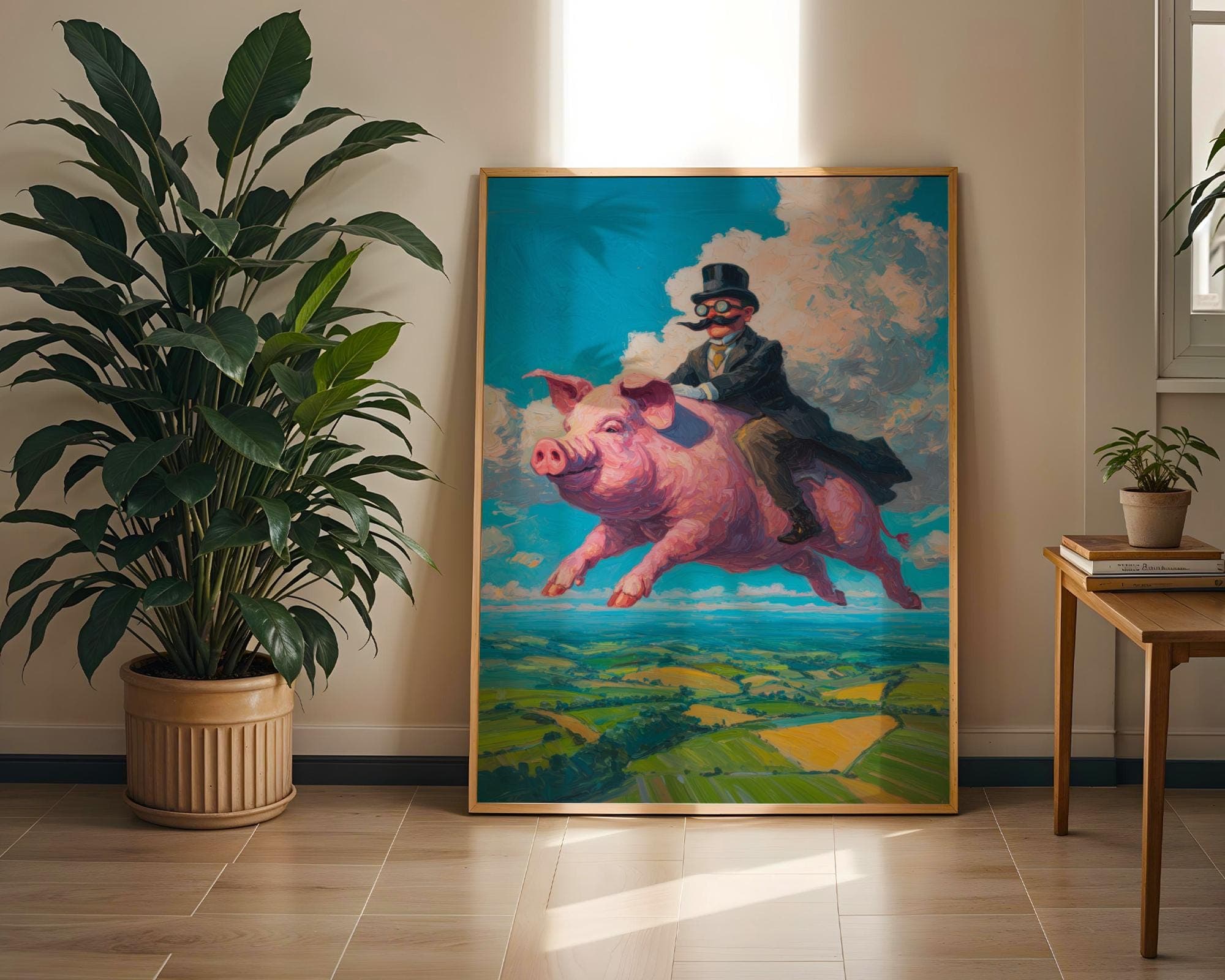 Flying Pig Wall Art – Surreal Vintage Gentleman Riding Pig Print, Digital Wall Art, Sepia Surreal Art, Retro Fantasy Wall Decor, Funny Pig - view 2