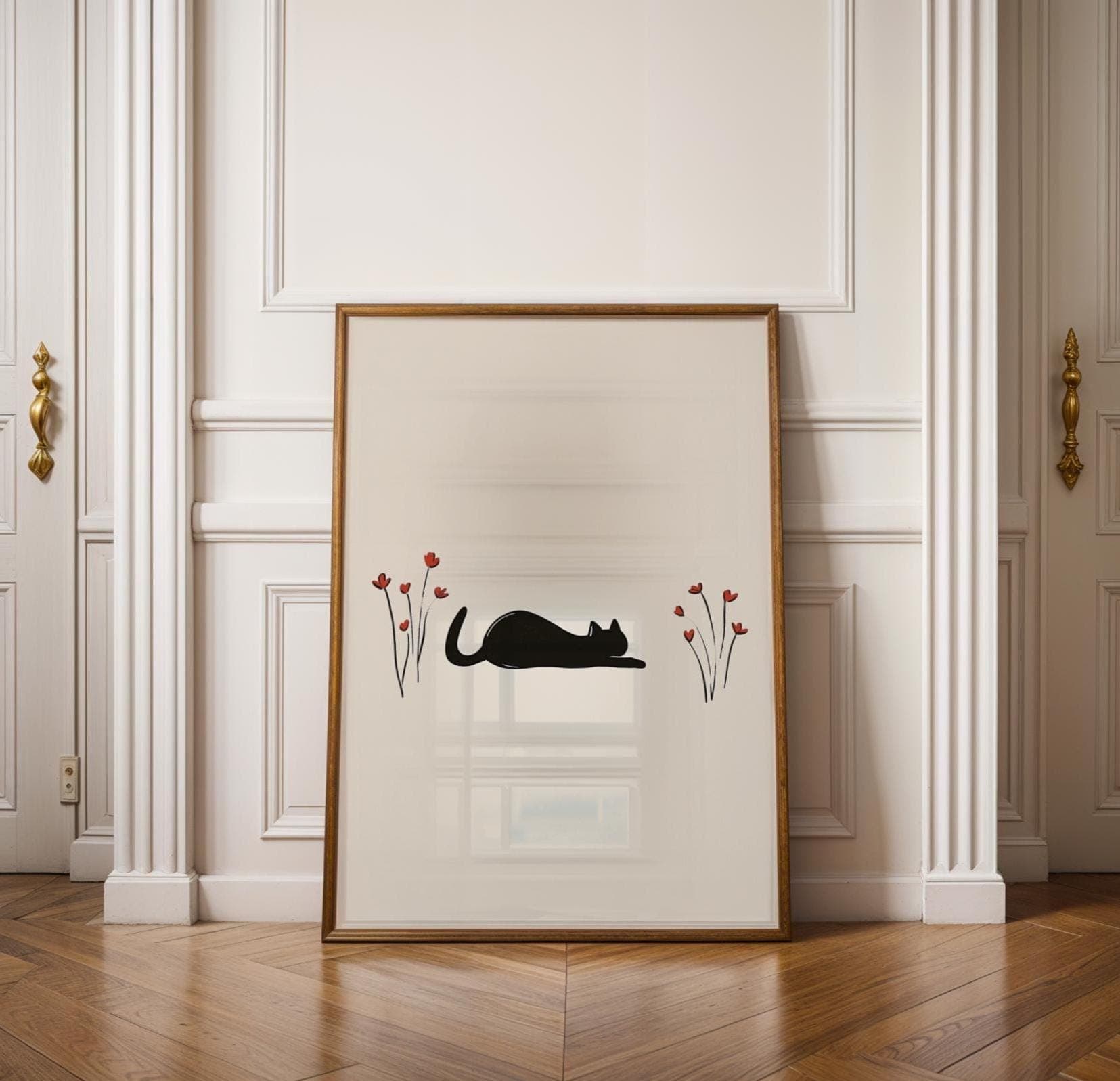 Minimalist Black Cat Wall Art, Minimal Line Cat Drawing, Line Art Print, Zen Cat Wall Decor, Minimal Animal Wall Art, Neutral Wall Print