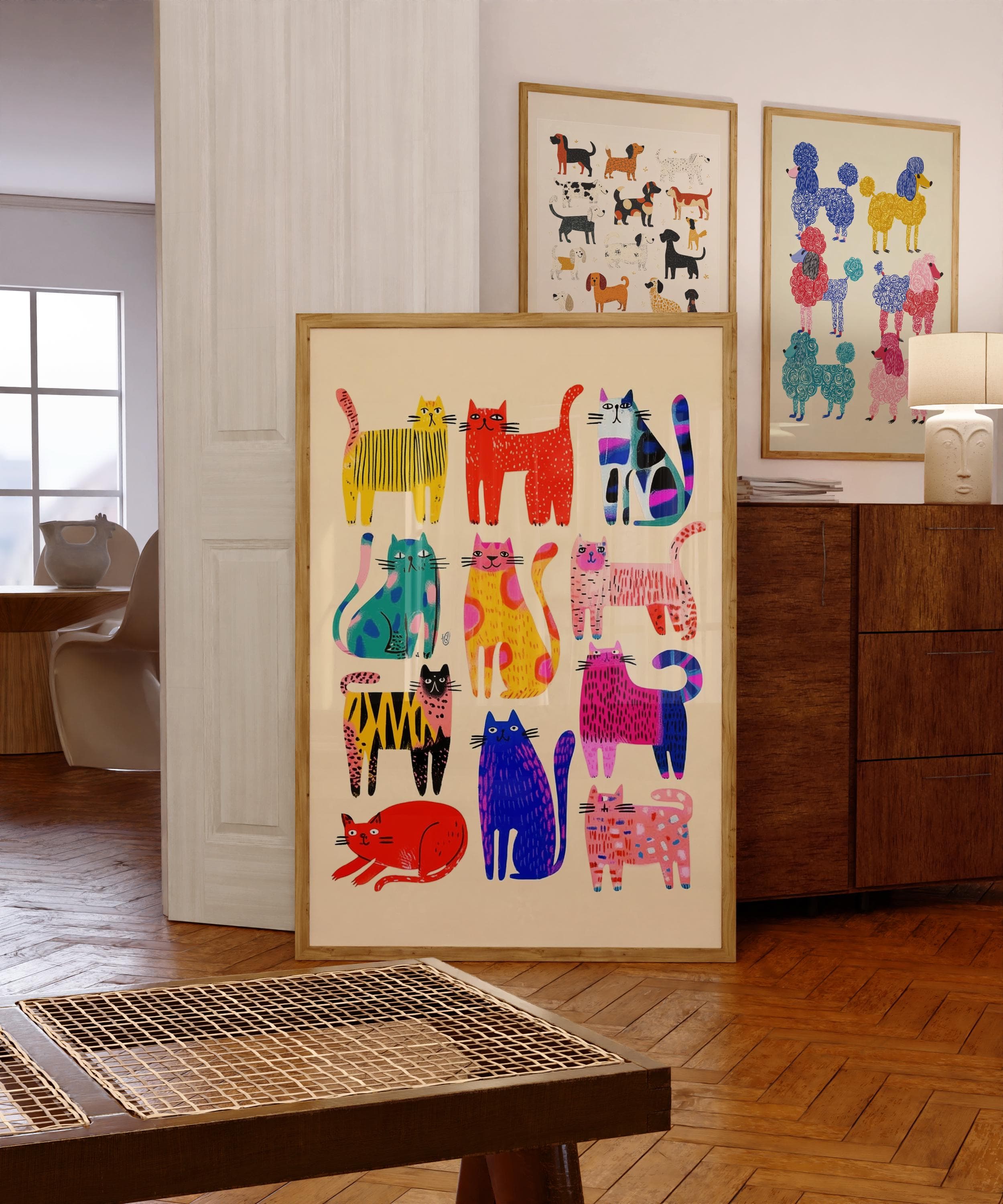 Whimsical Cat Art Print, Abstract Cat Wall Art, Modern Pop Art Cats Print, Whimsical Animal Poster, Colorful Cat Wall Art, Quirky Cat Decor