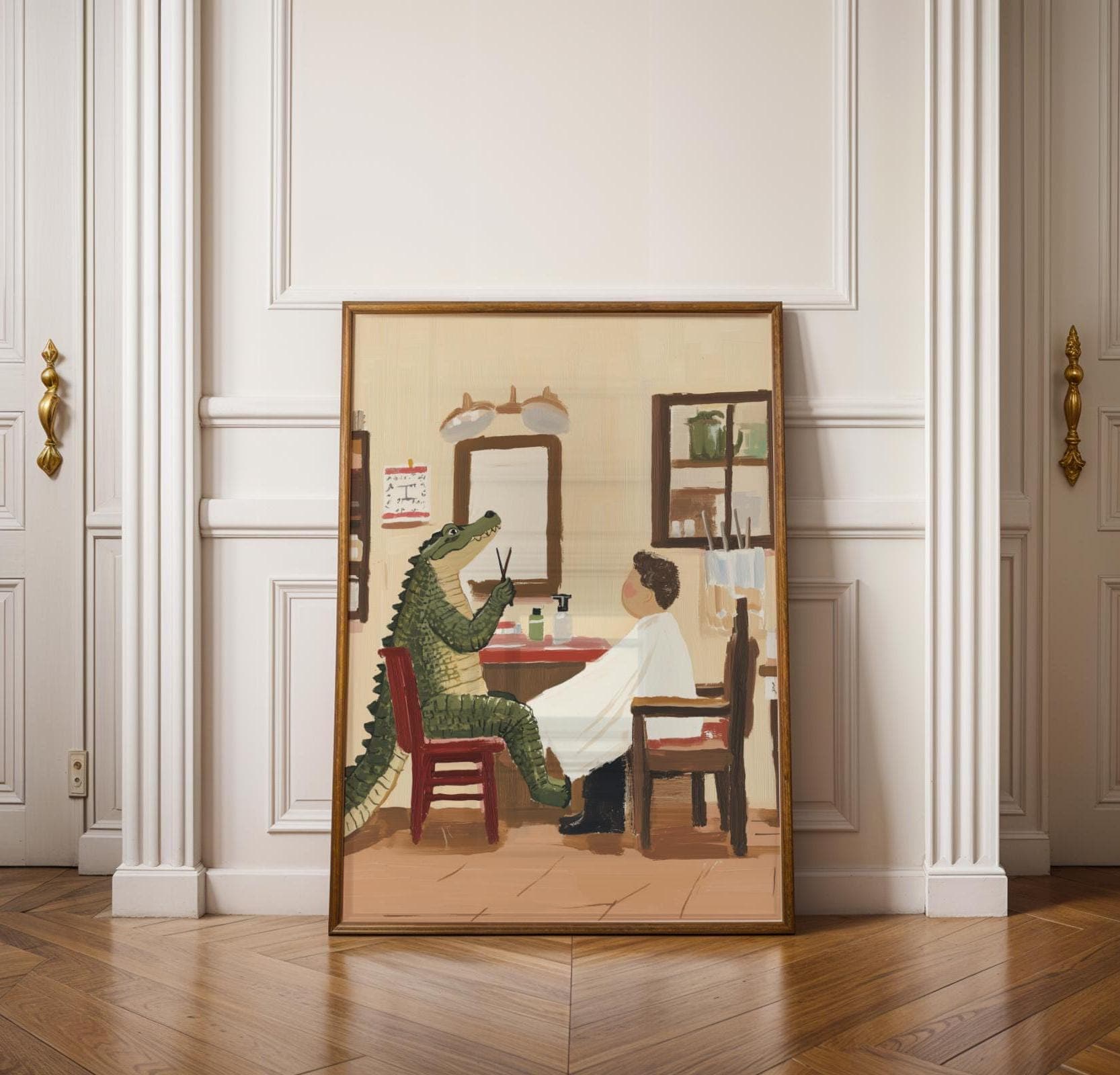 Funny Alligator Barber Wall Art, Quirky Hair Salon Decor, Playful Barbershop Print, Quirky Barbershop Decor, Retro Barbershop Wall Print