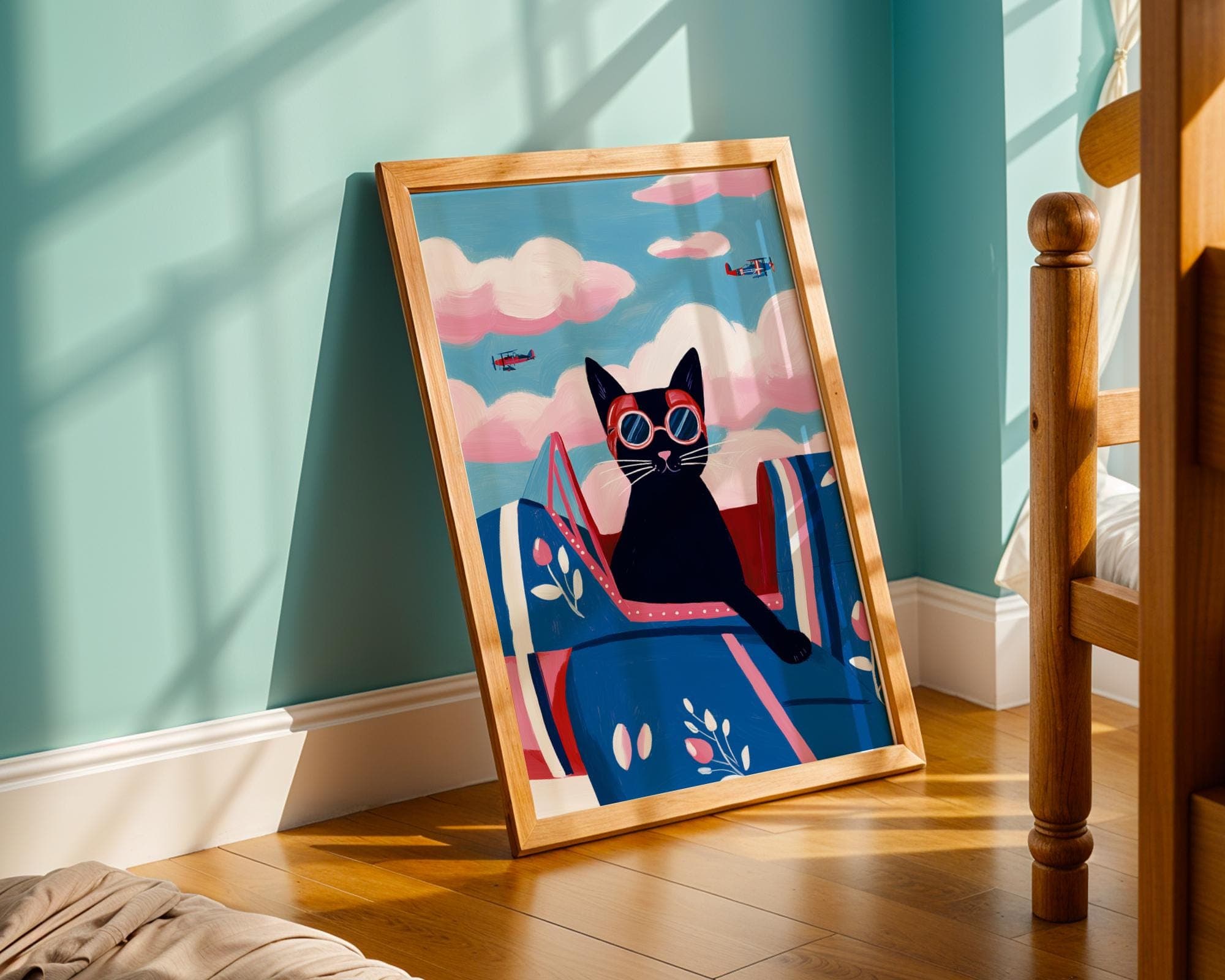Aviator Cat Wall Art, Vintage Airplane Art, Whimsical Black Cat Art, Pilot Cat Wall Poster, Nursery Wall Poster, Digital Download, Printable - view 2