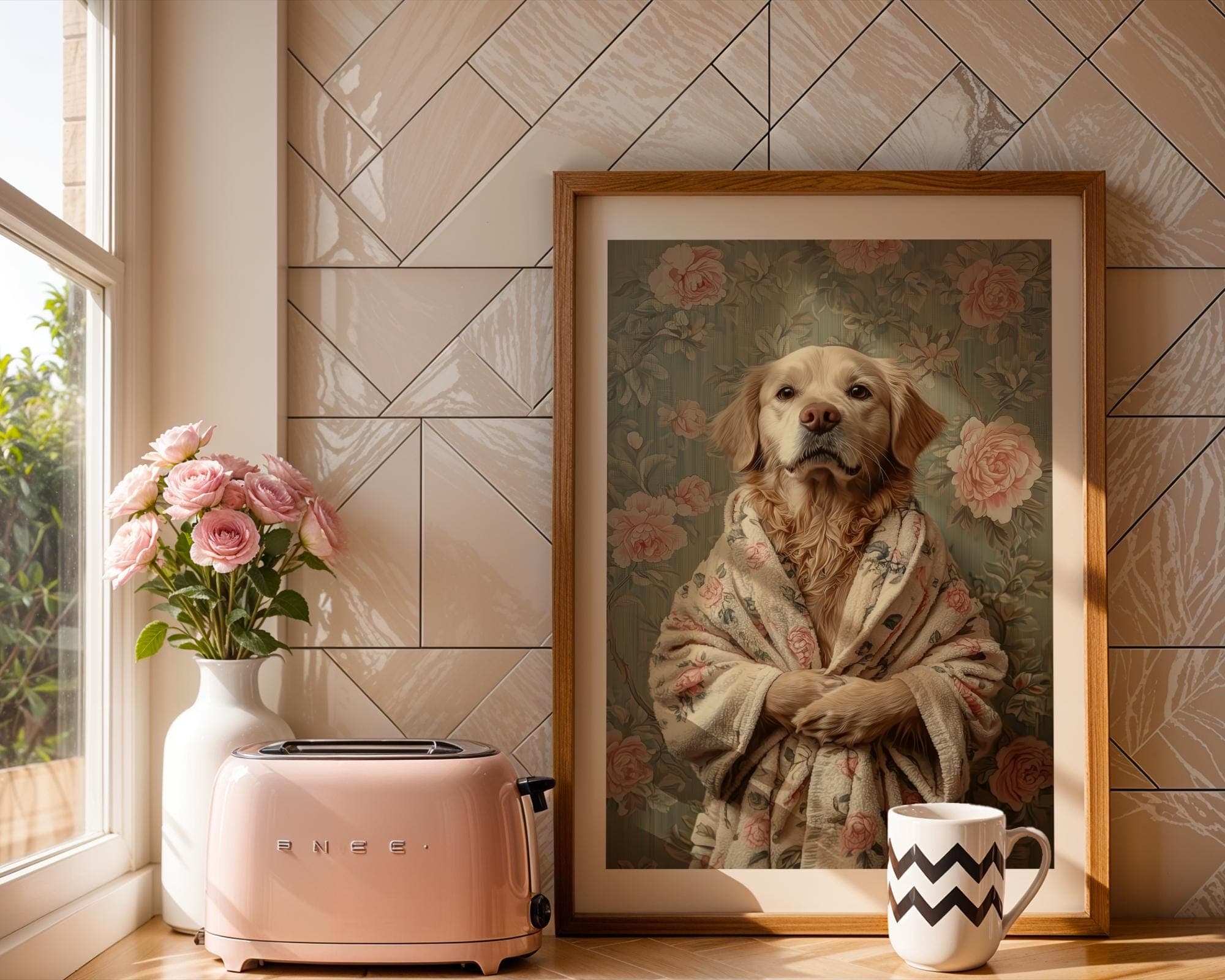 Golden Retriever in Bathrobe DIGITAL DOWNLOAD, Dog Printable Wall Art, Floral Dog Print, Funny Pet Decor, Dog Lover Gift, Retro Dog Poster - view 7