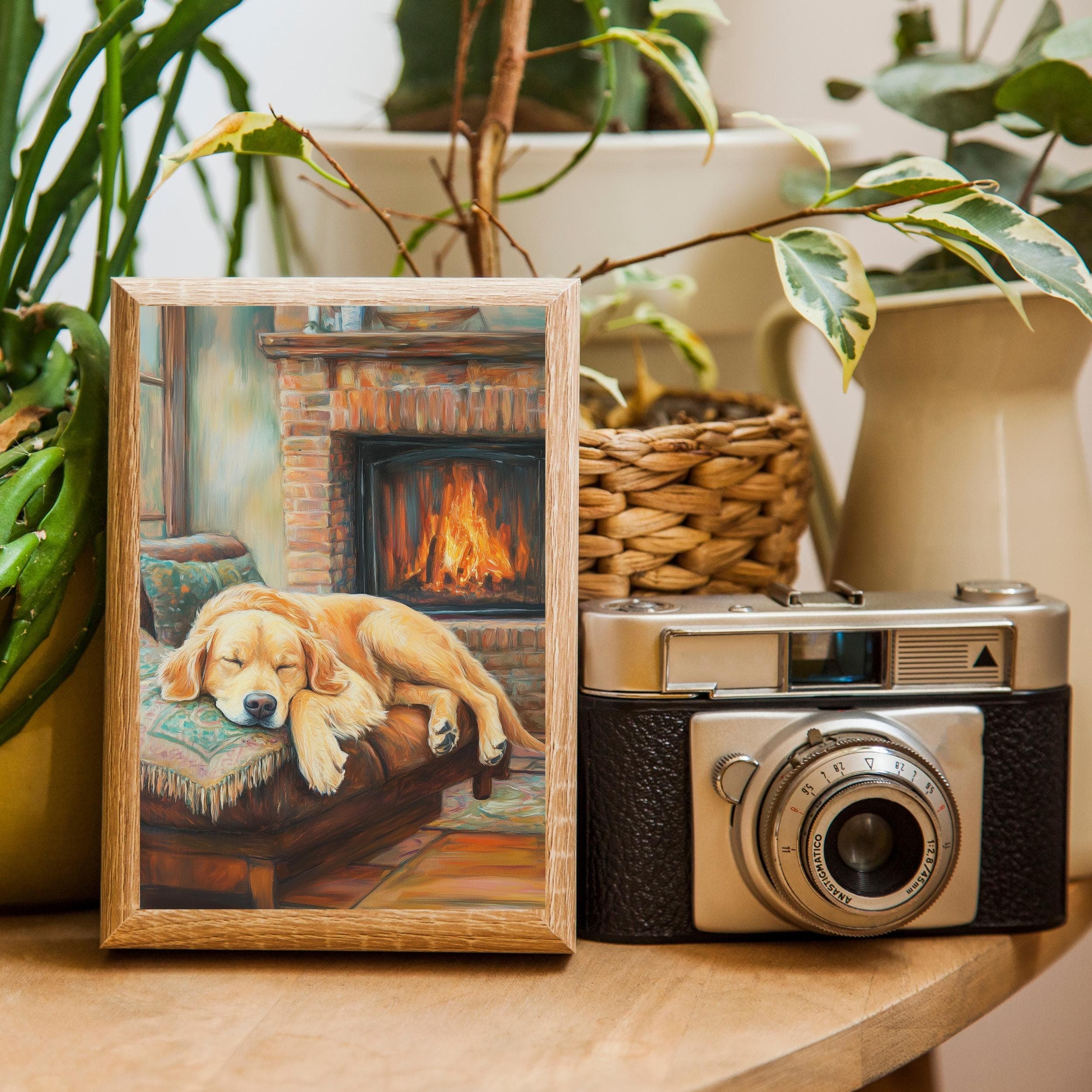 Cozy Golden Retriever by the Fireplace | Warm Pastel Painting for Home Decor, Colorful Dog Print, Warm Wall Decor, Digital Dog Poster - view 2