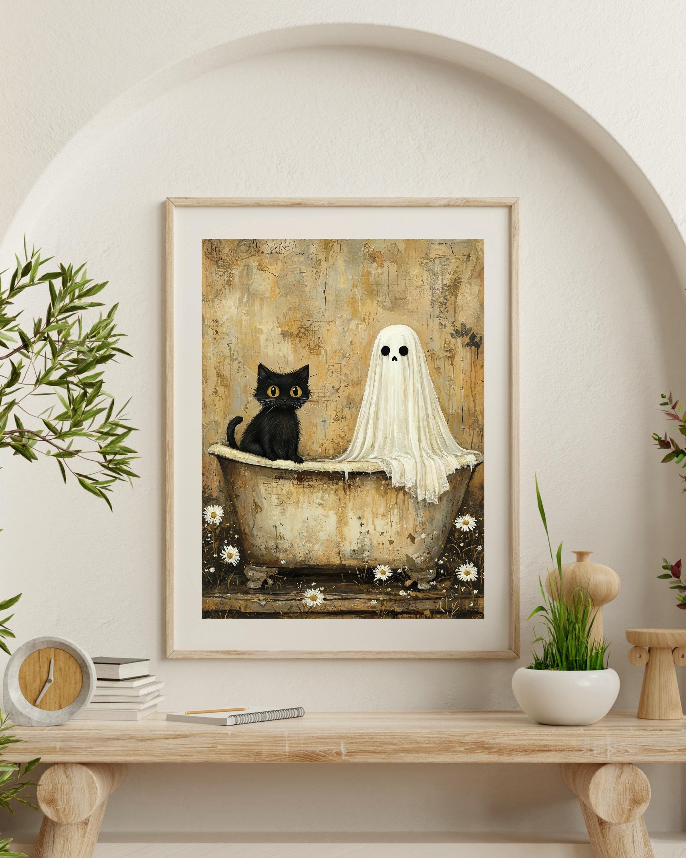 Ghost and black Cat in Bathtub, Spooky Romantic Halloween Art, Black Cat Print, Whimsigoth Bathroom Decor, Whimsical Spooky Digital Print - view 4