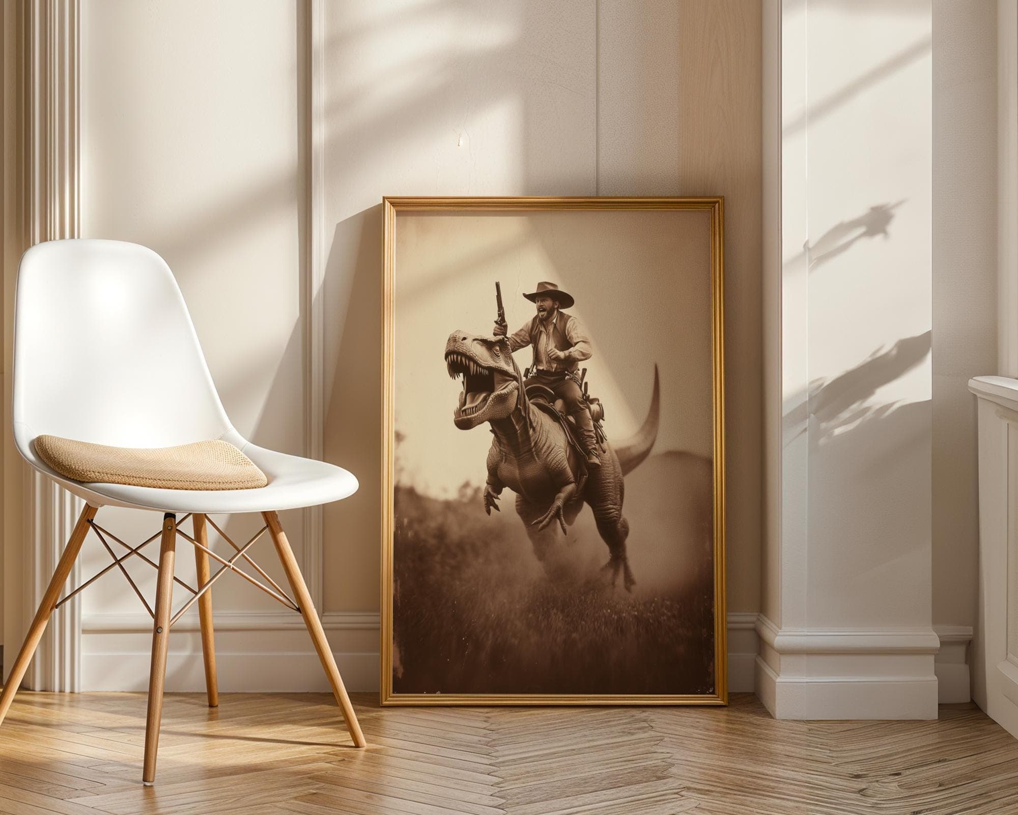 Cowboy Riding Dinosaur Wall Art Print, Western Style Print, Prehistoric Dinosaur Poster, Wild West Dinosaur Cowboy Print, Sepia Poster - view 3